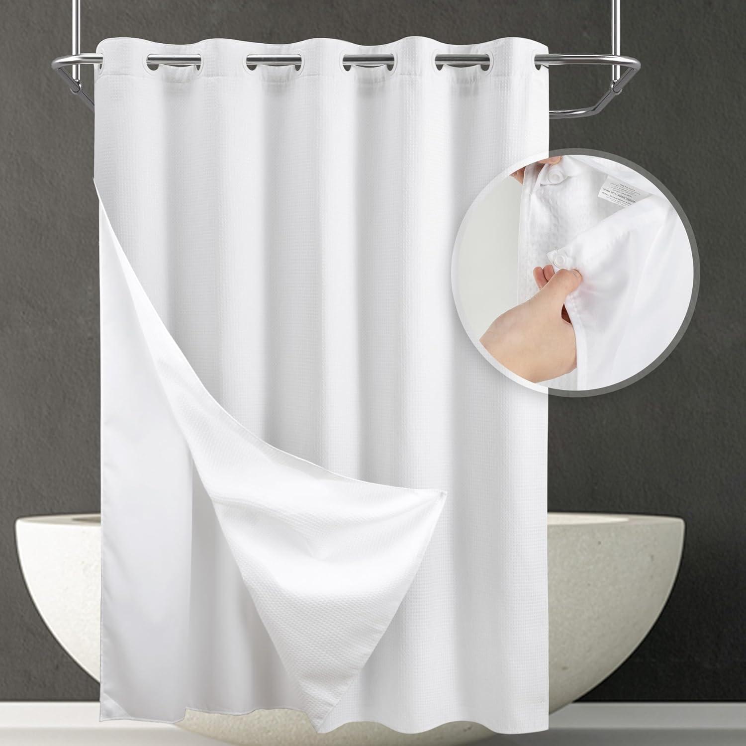 White Waffle Weave Fabric Shower Curtain with Snap-in Liner