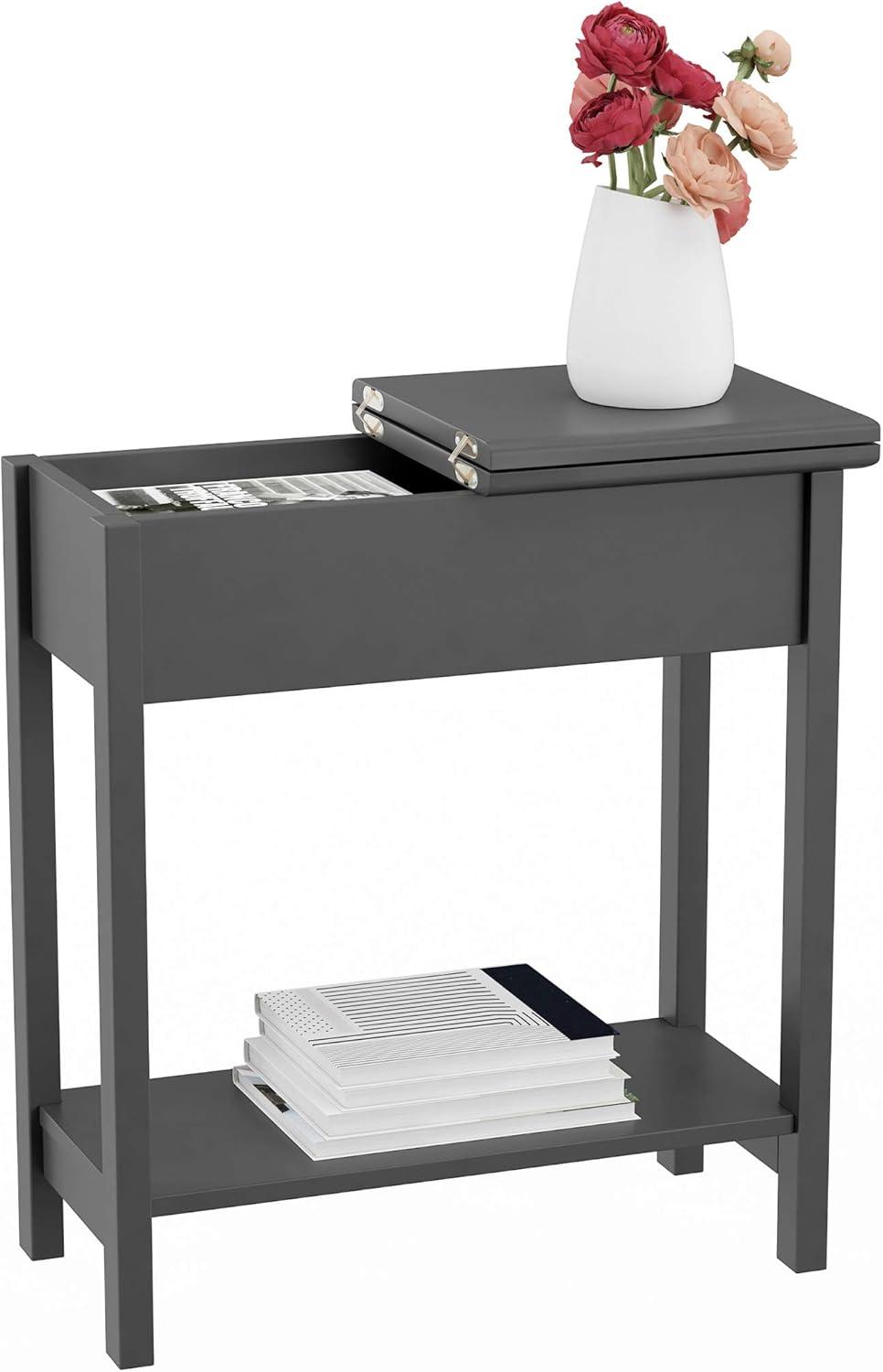 Gray MDF Flip-Top End Table with Storage and Shelf