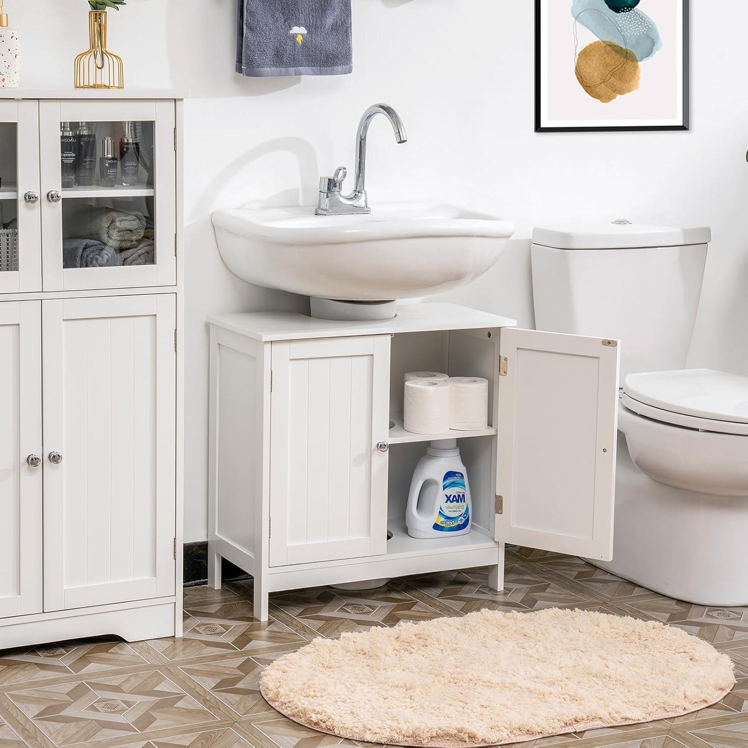 FCH Pedestal Sink, Storage Cabinets with Two Doors and Adjustable Shelves Under Sink Organizer Bathroom Vanity Storage White