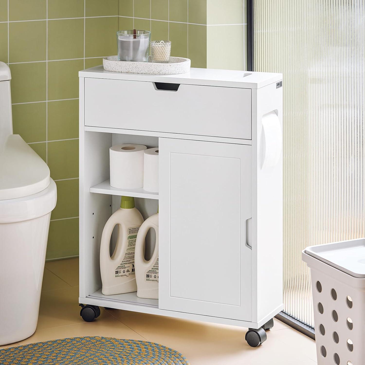 White MDF Bathroom Cabinet with Adjustable Shelving and Wheels