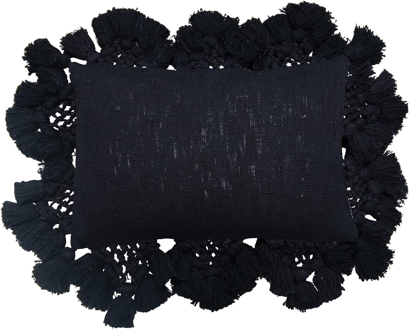 Black Cotton Lumbar Pillow with Crochet and Tassel Edging