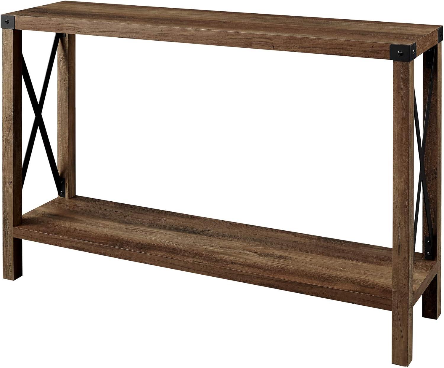 Rustic Oak and Metal Two-Tier Console Table with Storage