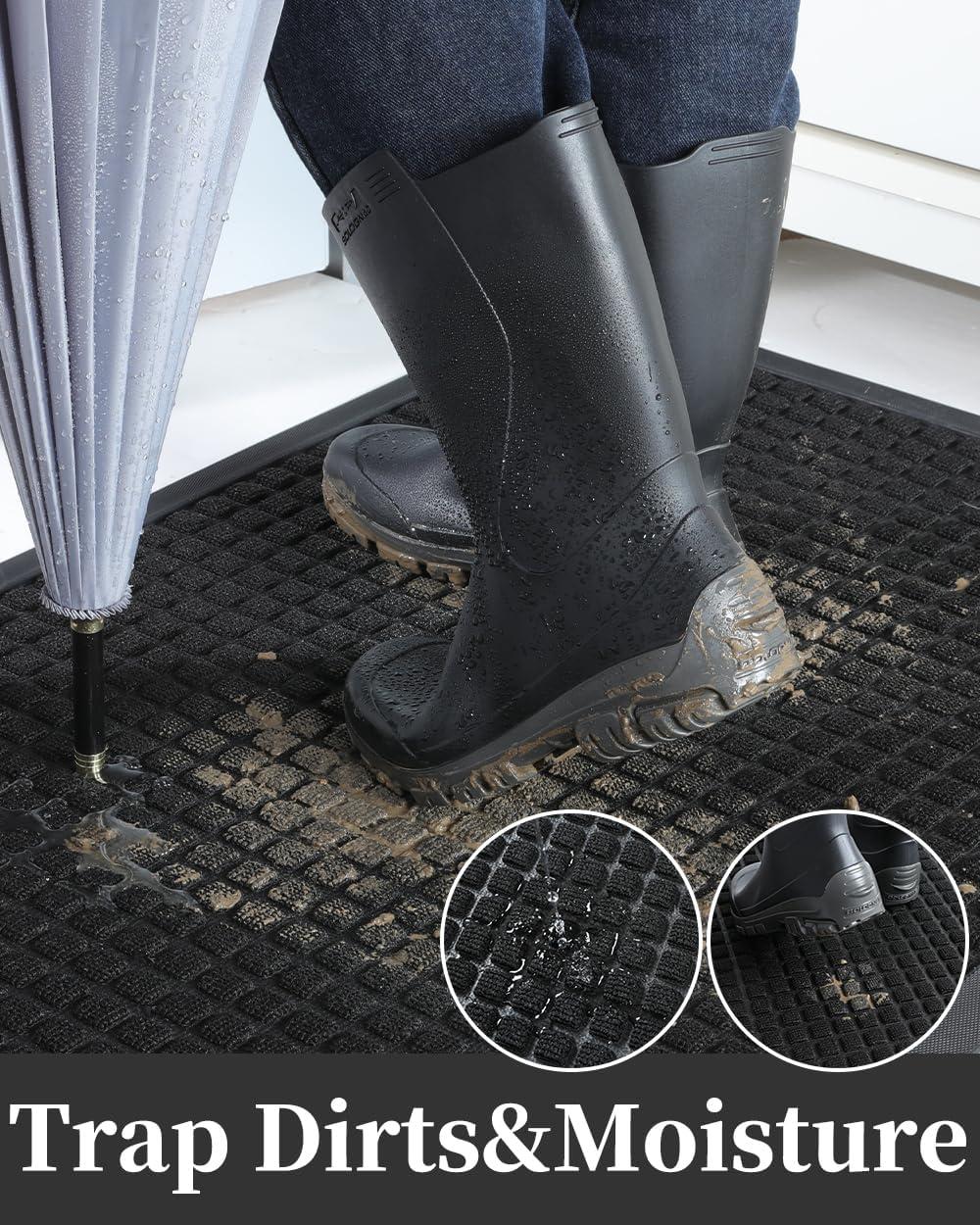 MontVoo-Front Door Mat Outside Entrance Doormat-Outdoor Indoor Door Mat for Entryway-Welcome Mat Thick Durable Rubber Backed Door Entry Mat Non Slip Dirt Trapper Absorbent-Black 17”x30”