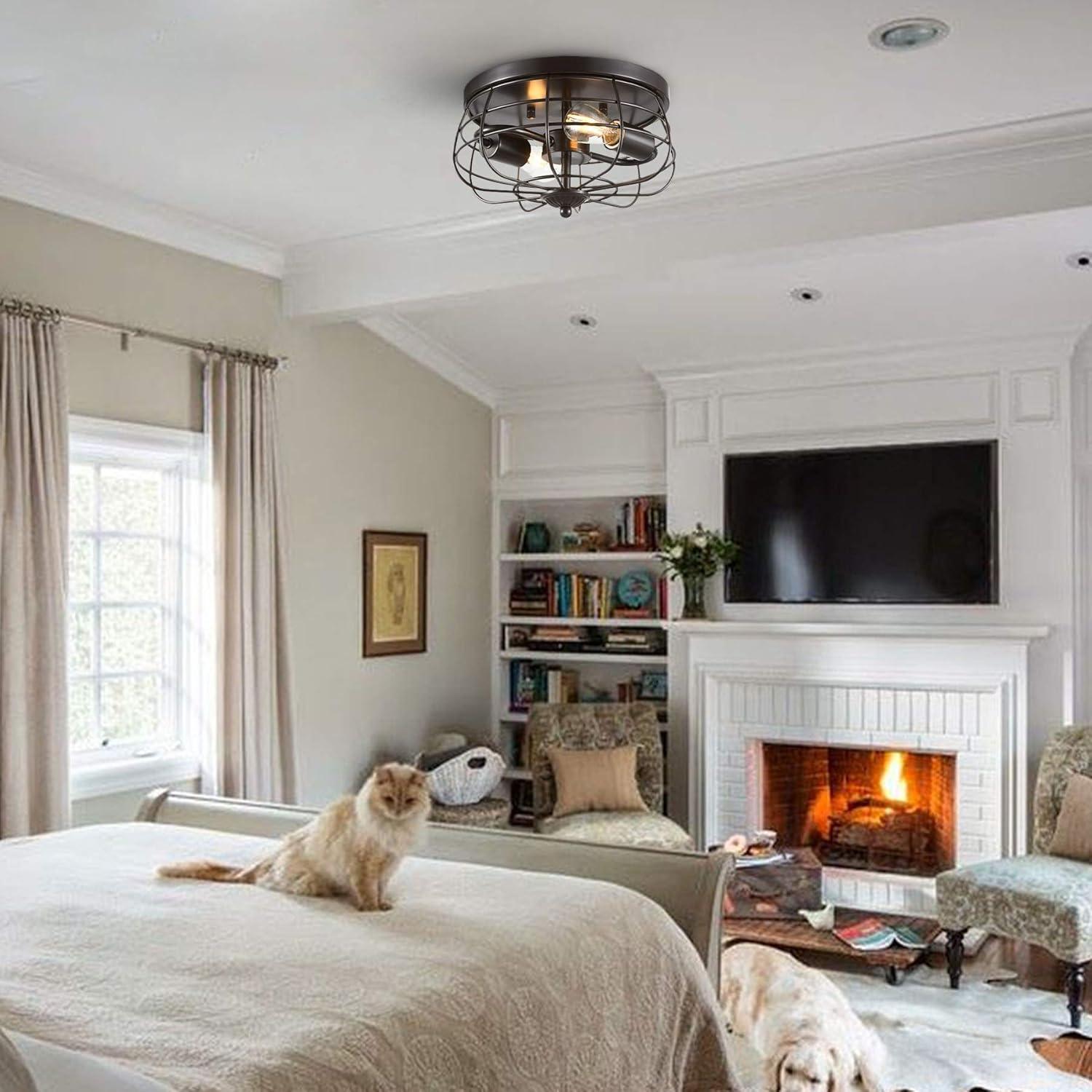 VONLUCE Flush Mount Ceiling Lights, 2-Light Hallway Ceiling Lighting Fixtures, 11 inch Farmhouse Metal Cage Ceiling Lights for Entryway Kitchen, Adjustable Lamp Holders, ETL, 2 pcs, Oil-Rubbed Bronze