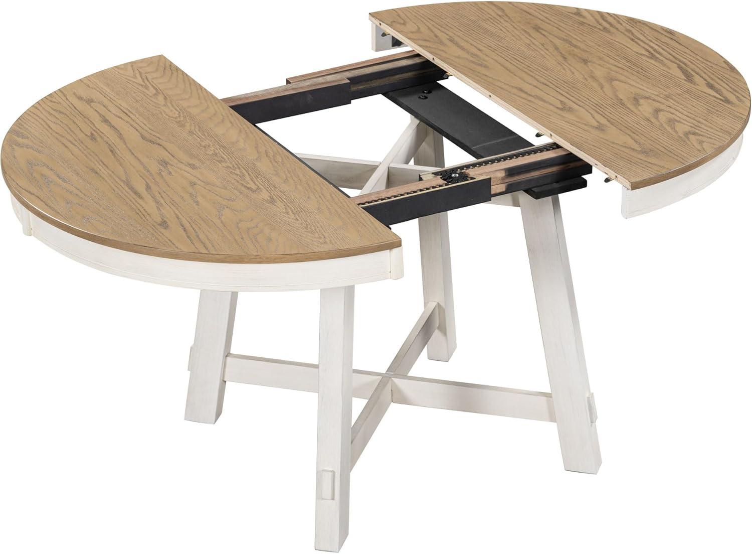 Prehome 5-Piece Farmhouse Dining Table Set Wood Round Extendable Dining Table and 4 Upholstered Dining Chairs (Oak Natural Wood + Antique White)