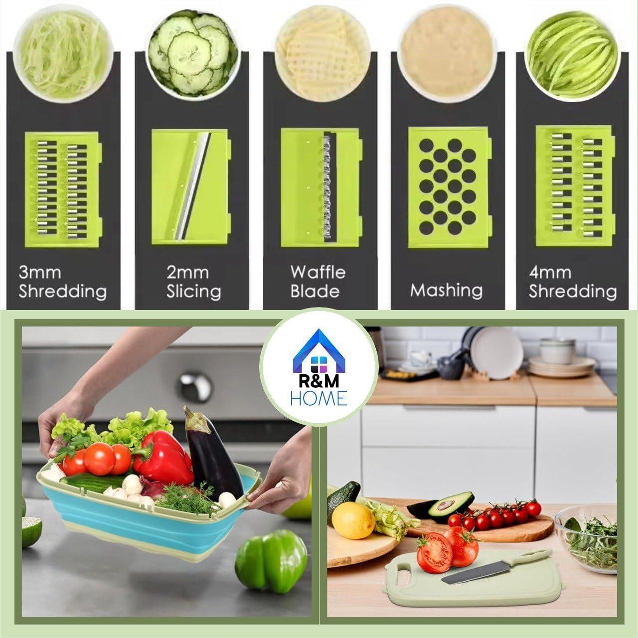 R&M HOME Green Plastic Multi-Functional Folding Cutting Board, 9-in-1 with Grating, Chopping, Slicing, Cutting, and Washing Functions for Vegetables and Fruits, Knife-Safe, Perfect for Kitchen.