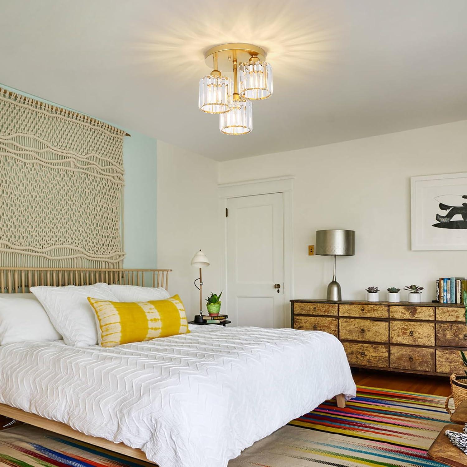 Modern Semi Flush Mount Ceiling Light,3-Light Golden Crystal Close to Ceiling Light Fixtures,Kitchen Light Fixtures with Clear Crystal Shade,Hallway Light Fixtures for Hallway Bedroom Bathroom