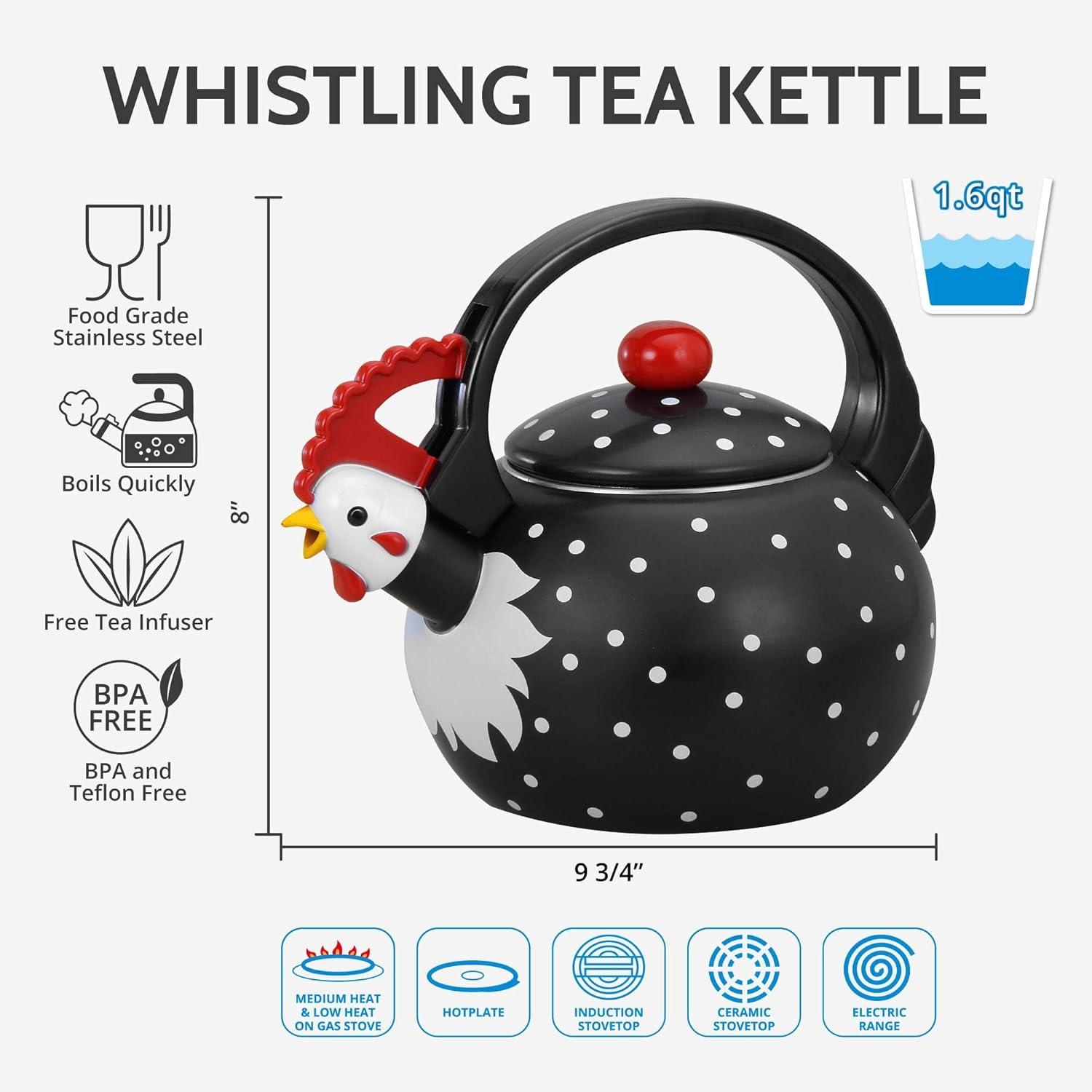 Black and White Polka Dot Rooster Enamel Whistling Tea Kettle