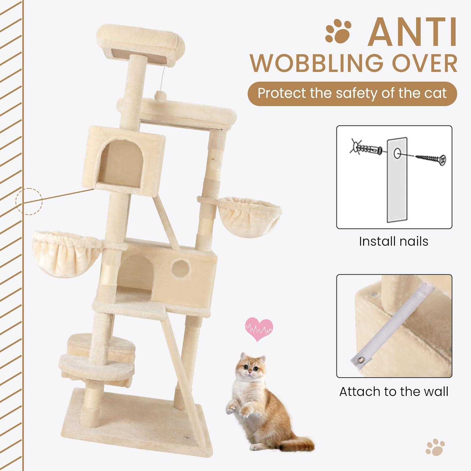 65in Larger Cat Tree Tower Condo for Indoor Cats, Multi-Level Furniture Activity Center with Wide Base/Cozy Plush Cat Perches/Baskets/Sisal Scratching Posts and Hammock/Beige