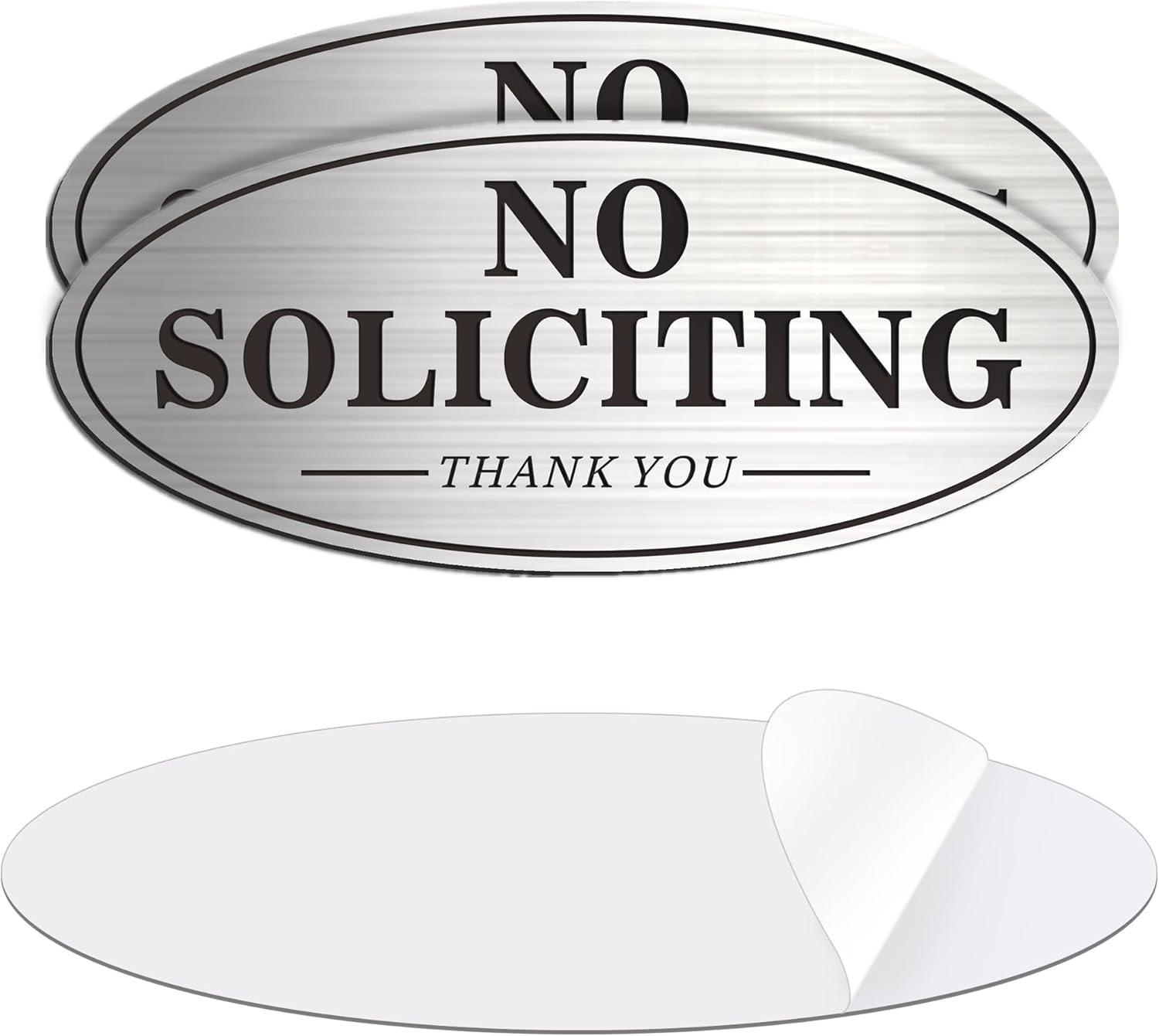 No Soliciting Sign, No Solicitors Sign for Front Door, 2 Pack Self-Adhesive Aluminum Metal No Solitation Do Not Knock or Ring Bell Sign, 7.0 x 3.0 inches Weather Resistant Signs for Home Doorbell Busi