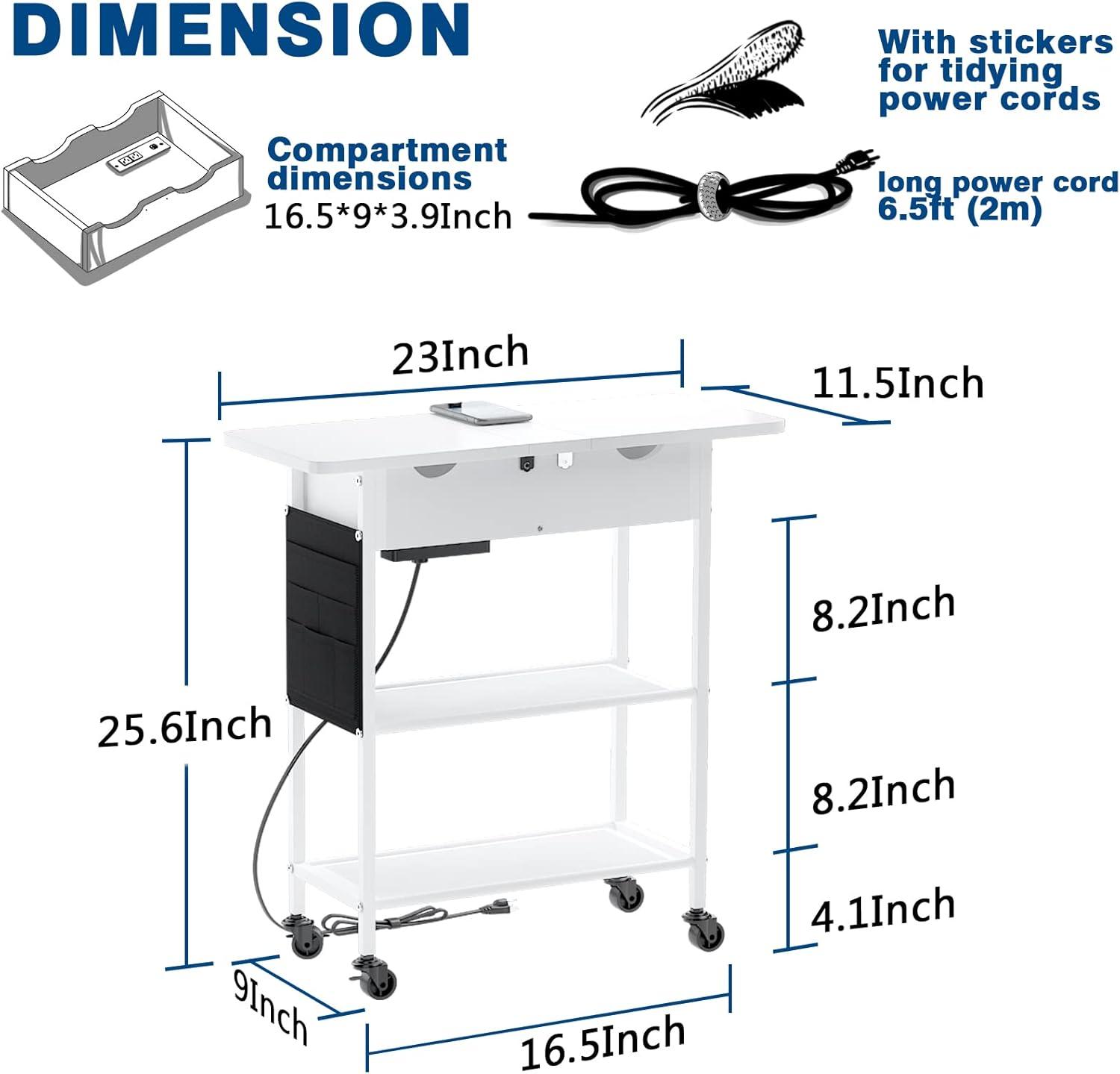 Slim Side Table With Wheels, USB Ports And Outlets, Rolling Narrow End Table With Charging Station And Bag, Flip Top Nightstand With Hidden Storage Shelves For Living Room Bedroom Small Spaces