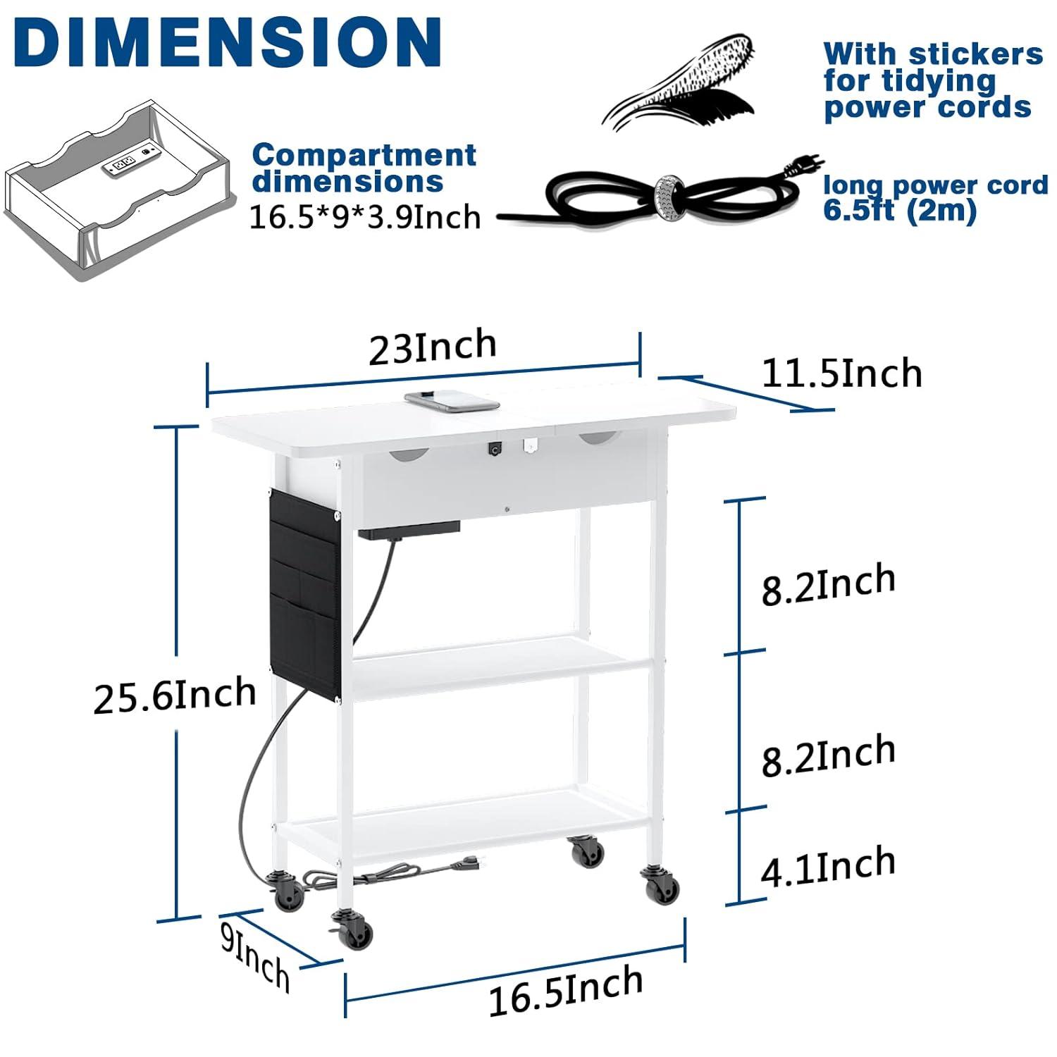 Slim Side Table With Wheels, USB Ports And Outlets, Rolling Narrow End Table With Charging Station And Bag, Flip Top Nightstand With Hidden Storage Shelves For Living Room Bedroom Small Spaces