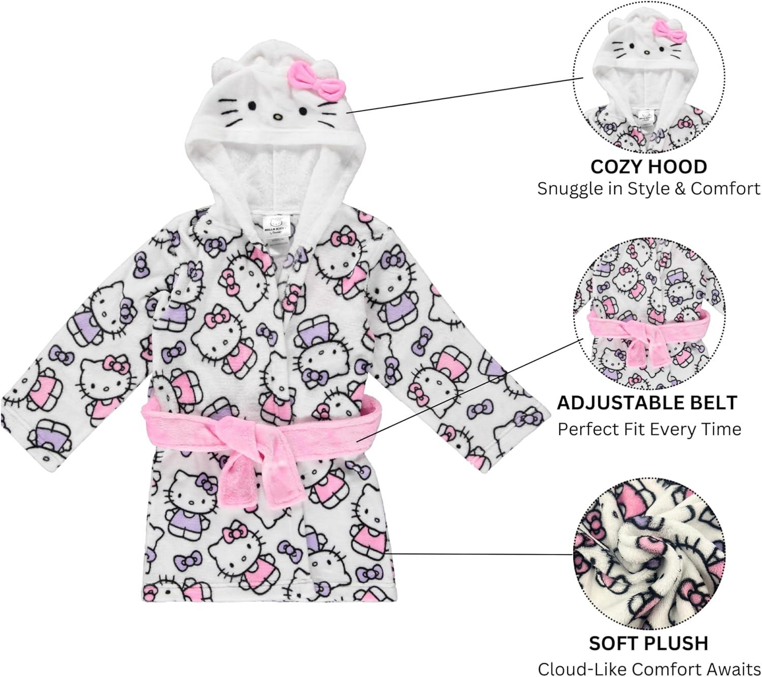 Hello Kitty Girls Fleece Kids Hooded Robe - Super Soft Plush Kids Spa Bathrobe with Pockets, Sizes 4-10 - Official Product