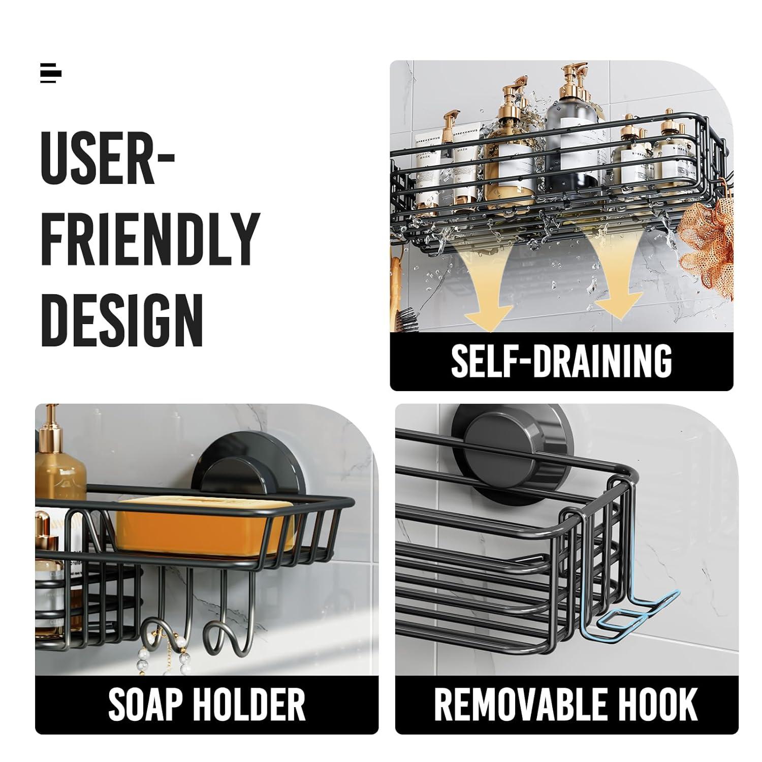 Shower Caddy Suction Cup 2 Pack With Hooks & Soap Holder, Heavy Duty Shower Organizer For Bathroom