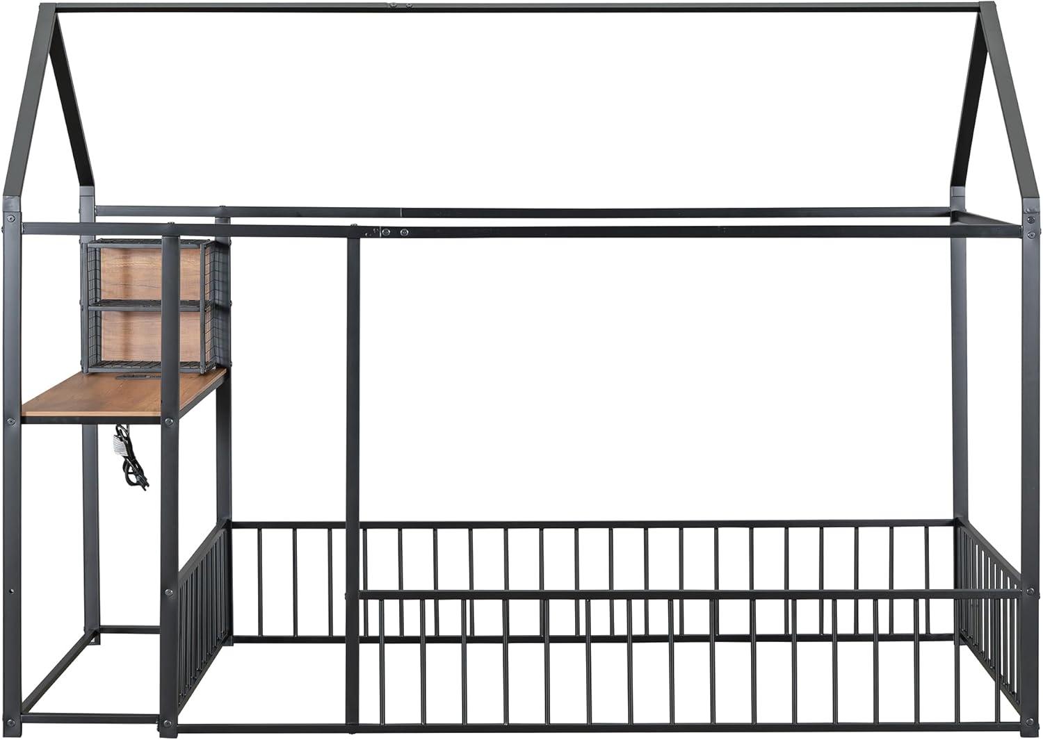 Full Floor Bed with Door and Fence, Metal Montessori Bed Full Size, Kids Montessori Floor Bed with Roof/House for Kids, Girls, Boys, White