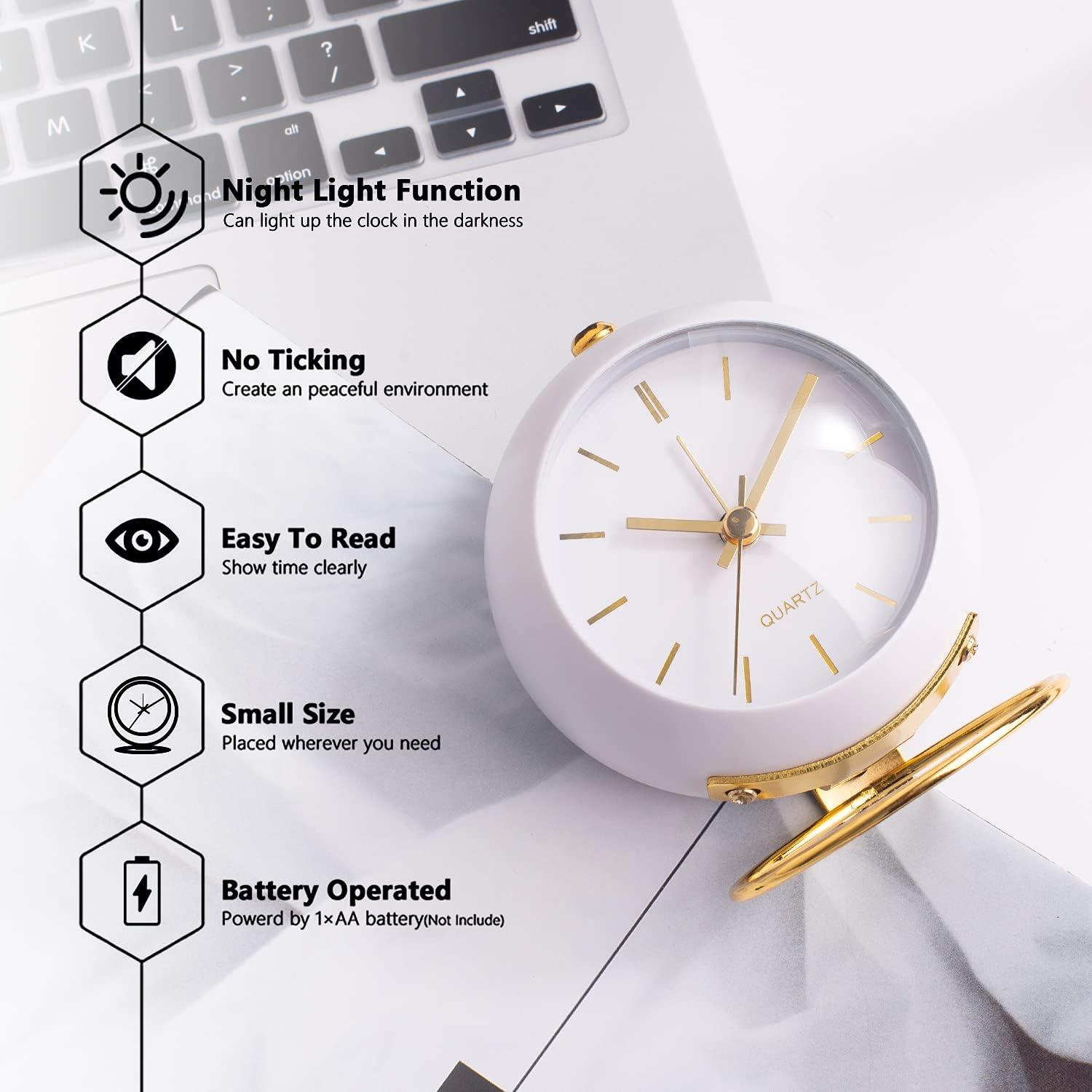 MINKUROW Analog Alarm Clocks,Silent Non-Ticking Classic Retro Analog Cute Small Desk Clock with Night Light Battery Powered Backlight for Kids/Bedroom/Bedside Desktop/Kitchen/Travel White