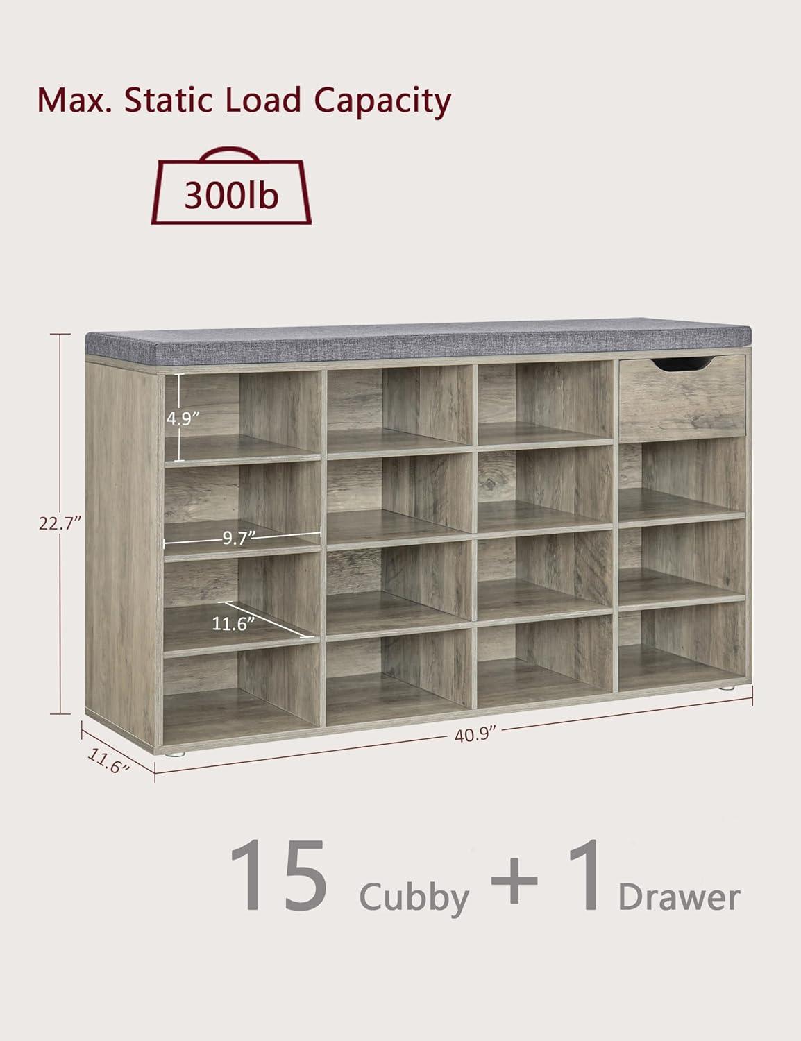 Shoe Rack Bench with Cushion 15-Cube Storage Bench Storage Cabinet for Entryway Espresso