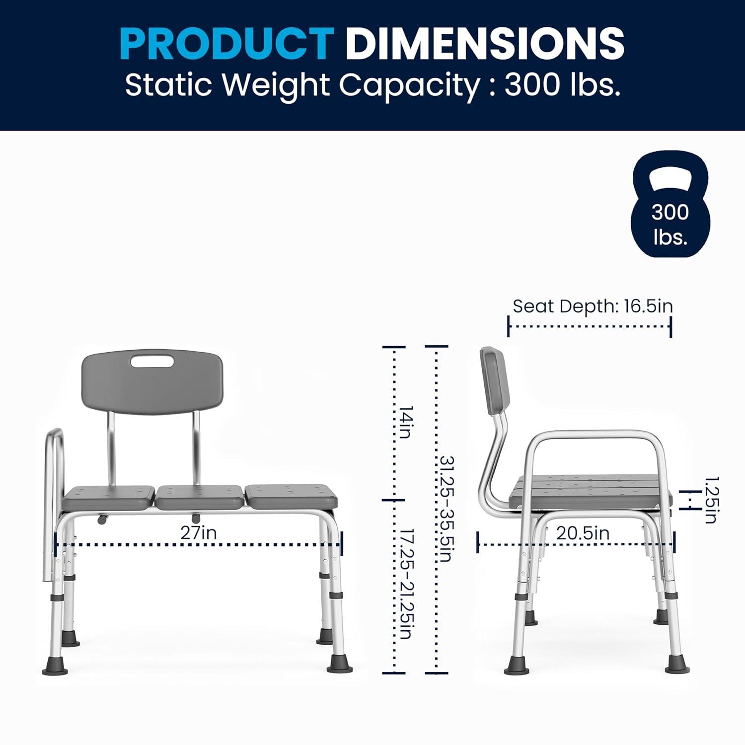 Phoebe Aluminum Height Adjustable Medical Shower Transfer Bench