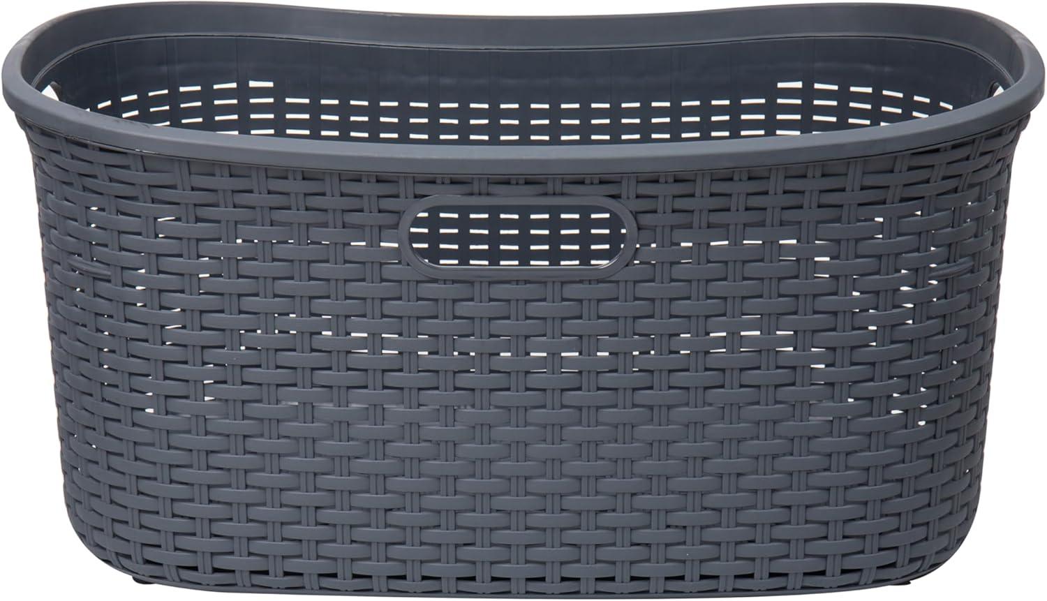 Mind Reader 40L Laundry Basket, Clothes Hamper, Wicker Design, Plastic, 23"L x 14.5"W x 11"H, Gray