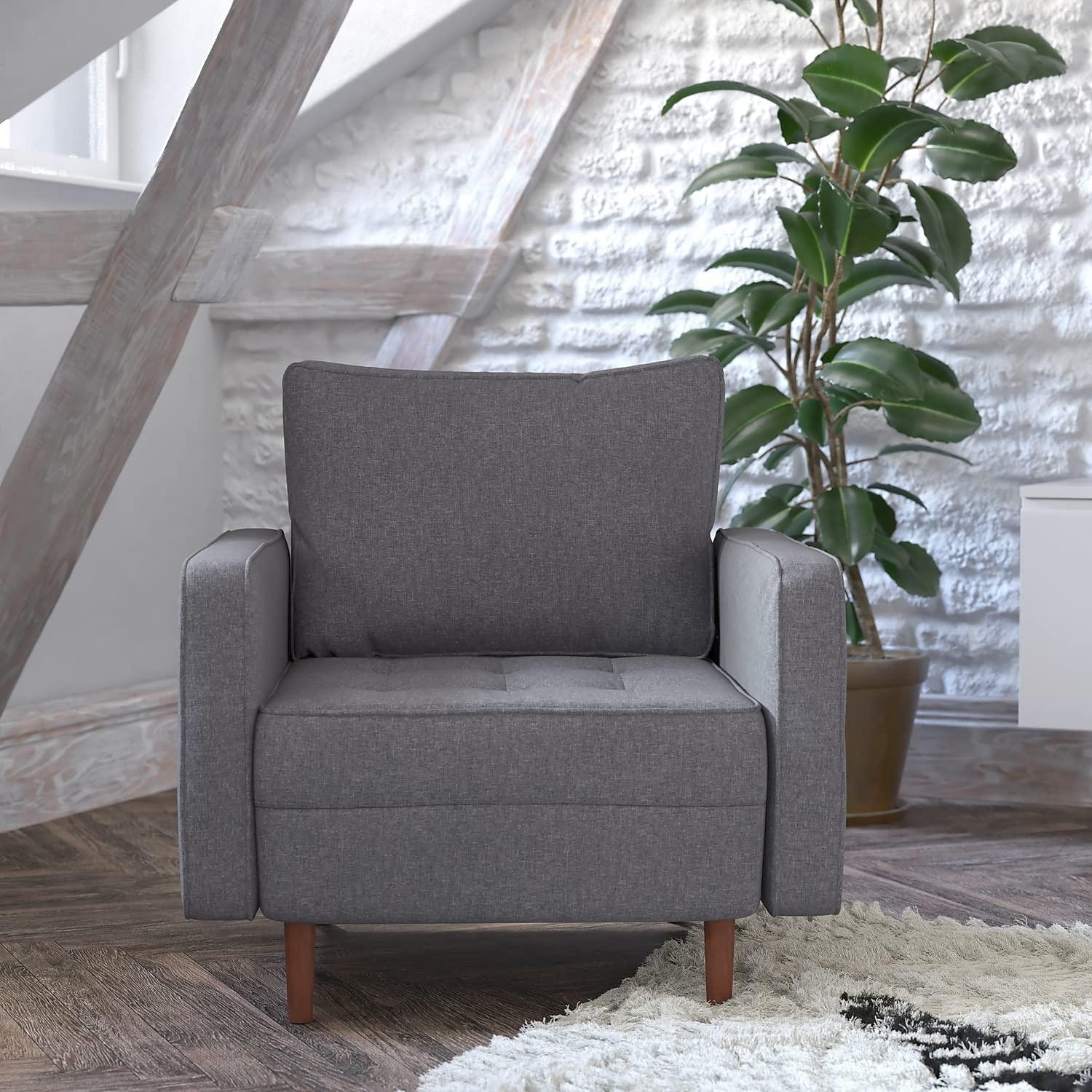 Flash Furniture Hudson Mid-Century Modern Commercial Grade Armchair with Tufted Faux Linen Upholstery & Solid Wood Legs in Dark Gray