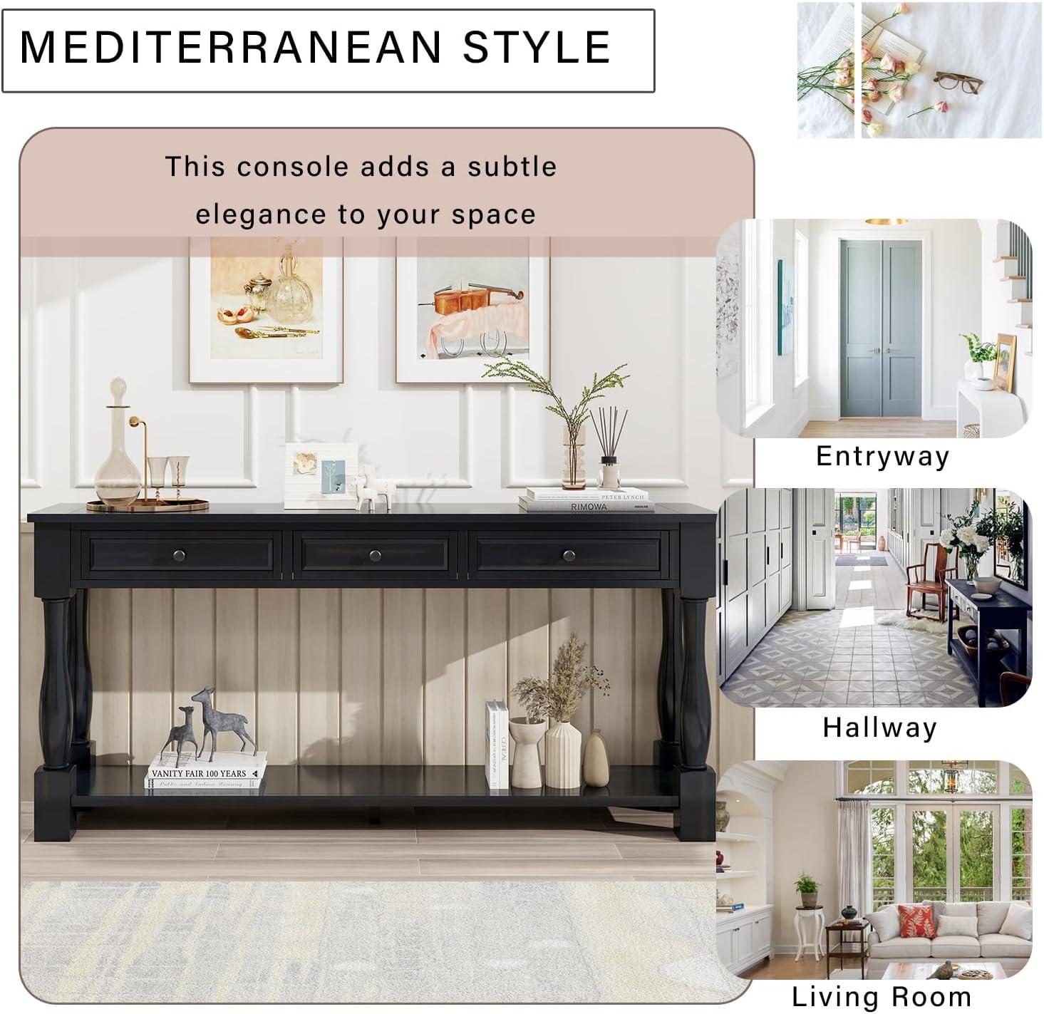 merax LUMISOL 64 inch Long Console Table with 3 Drawers and Bottom Shelf, Sofa Table Entryway Table for Hallway, Living Room, Easy Assembly (Distressed Black)