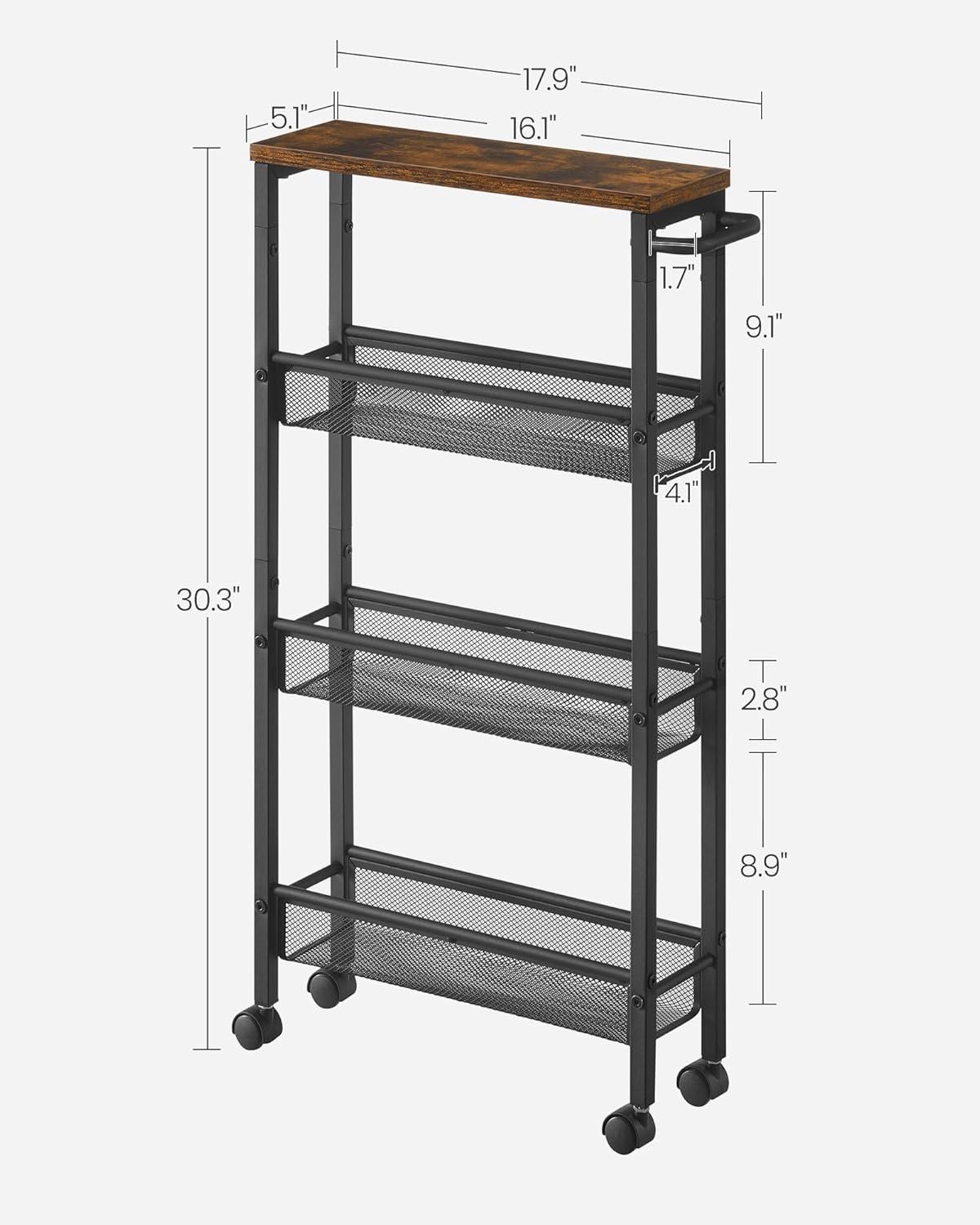 VASAGLE 4-Tier Slim Rolling Cart,  Storage Cart, Narrow Cart with Handle, 5.1 Inches Deep, Metal Frame, for Kitchen, Dining Room, Living Room, Home Office, Rustic Brown and Classic Black