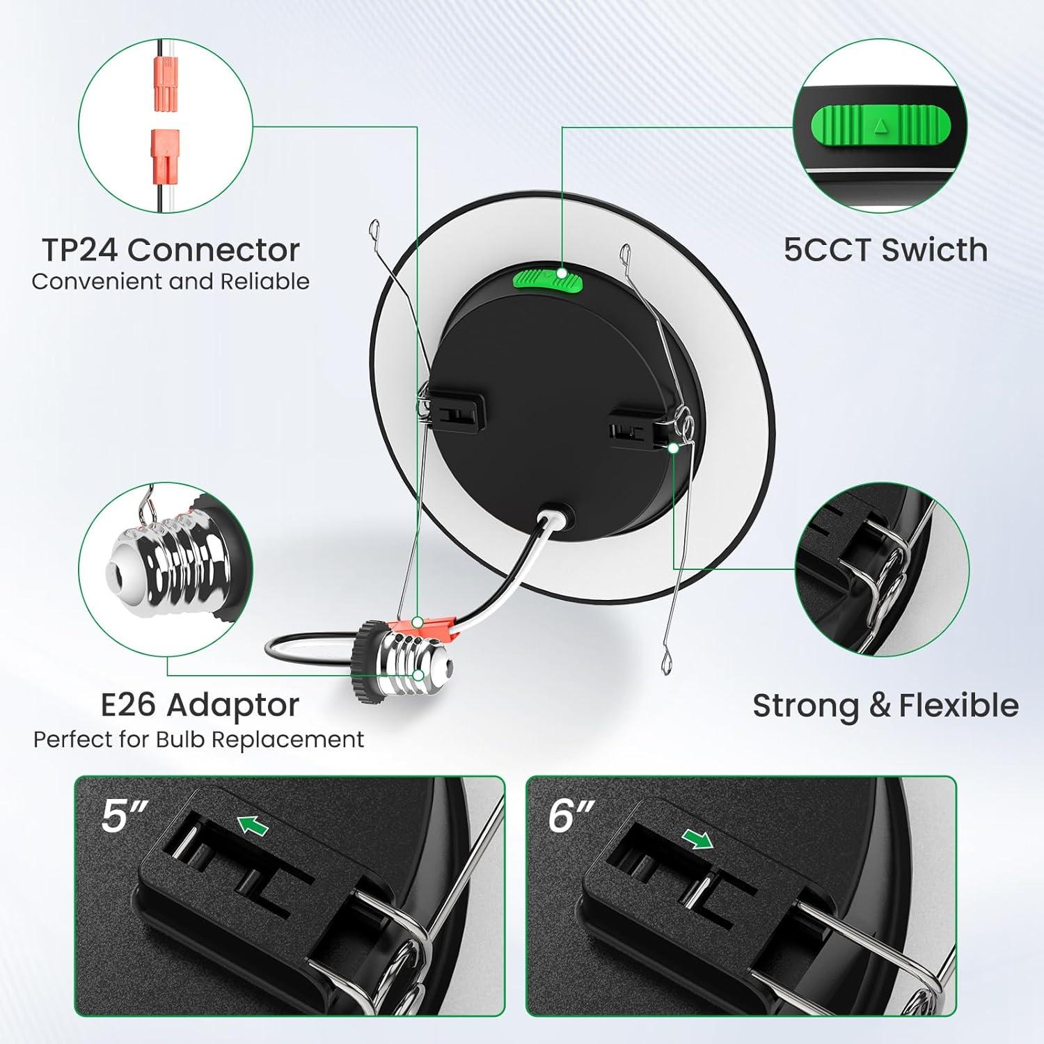 6 inch LED Can Lights 12W 1100LM, 2700K/3000K/4000K/5000K/6000K 5CCT, 5%-100% Dimmable, 12 PCS