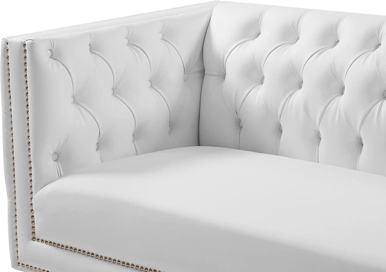 Michelle 90'' White Faux Leather Tufted Sofa with Gold Nailhead Trim