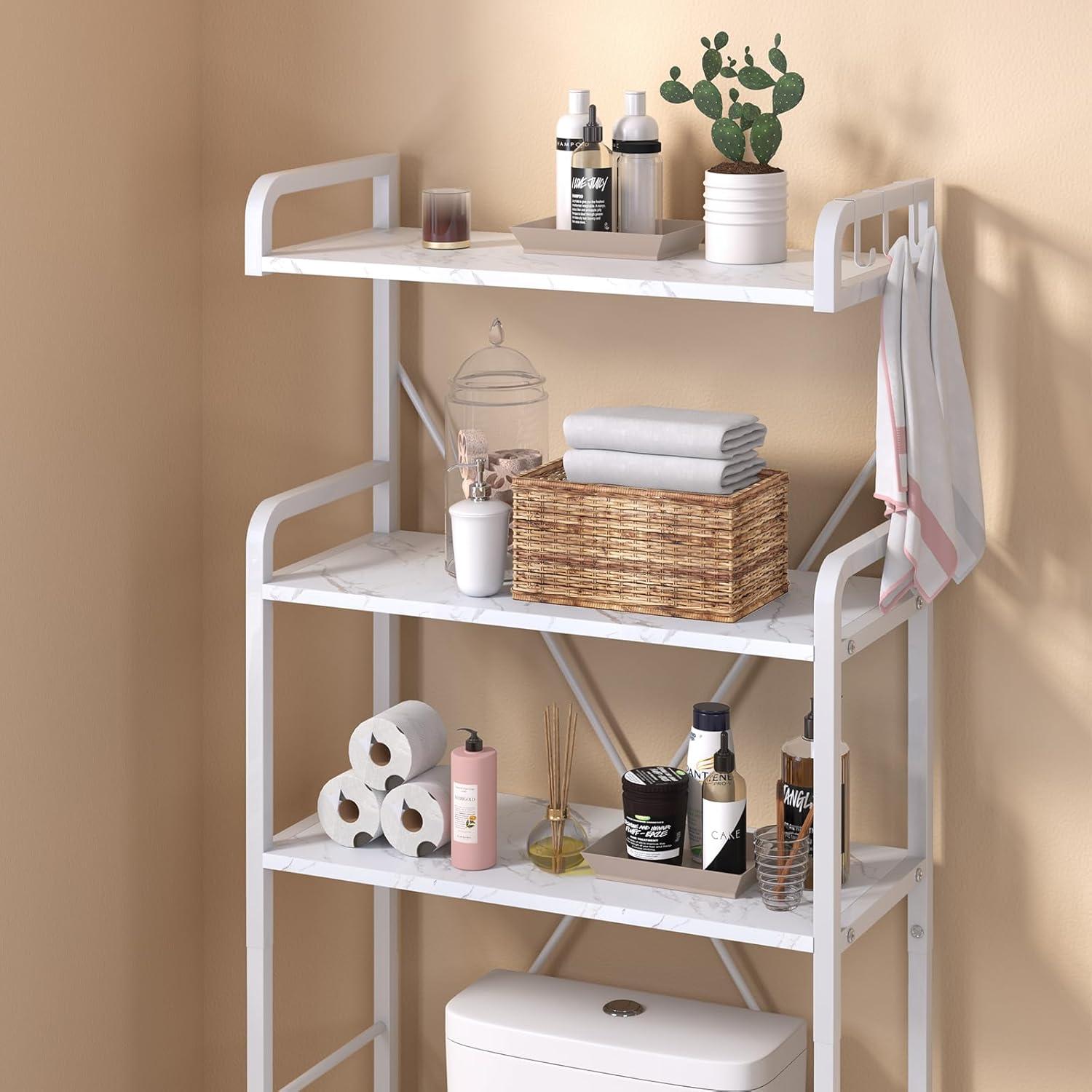 White Marble 3-Tier Over-the-Toilet Storage Rack with Hooks