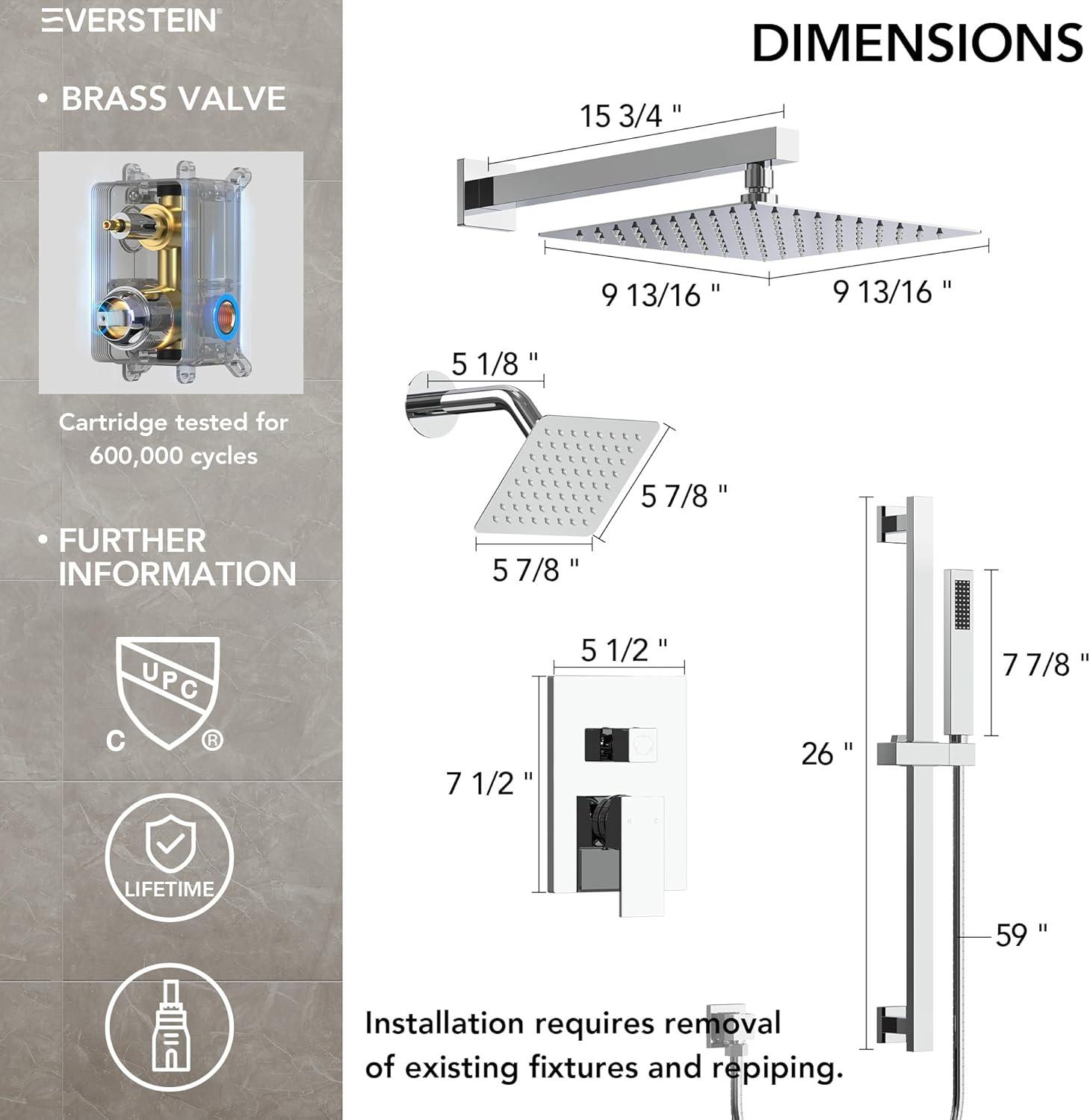 EVERSTEIN DualJetSpa 10-Inch High-Pressure Rainfall Shower Faucet with Handheld Spray, Wall Mount Dual Showerheads System with Slide Bar and Rough-in Valve SFS-1059-CH10