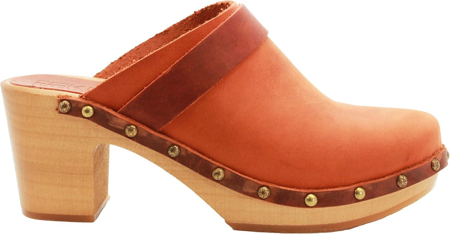 Terracotta Genuine Leather Mid-Heel Clogs with Wood Outsole