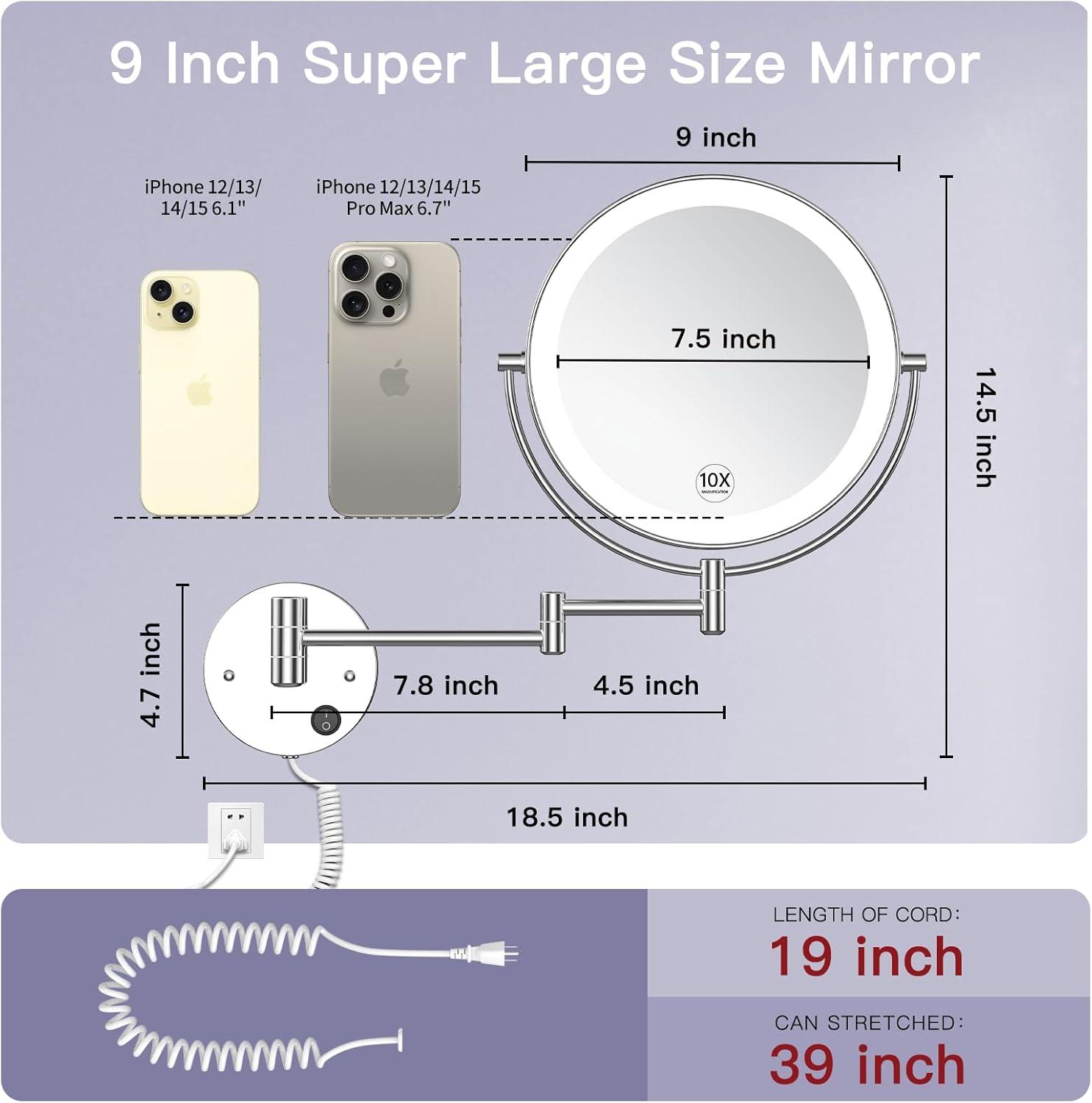 Benbilry 9" Large Size Wall Mounted Makeup Vanity Mirror, 1X/10X Magnifying Double Sided Shaving Mirror for Bathroom, 360° Swivel Extendable Arm Nickel Finish