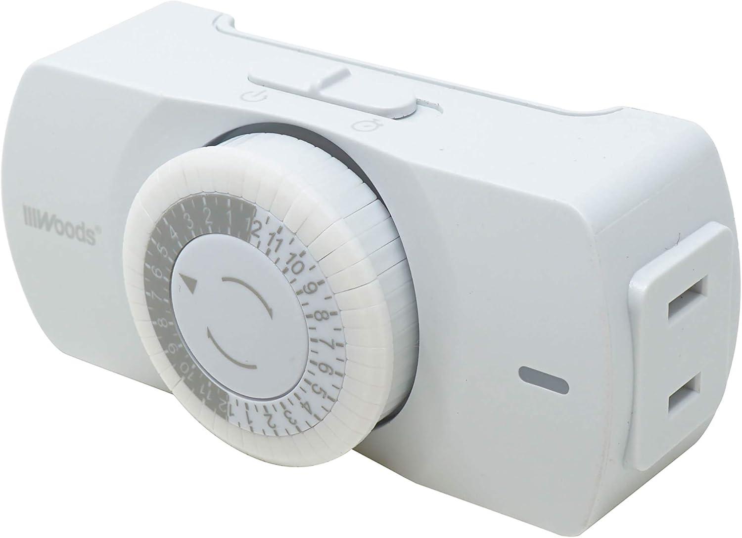 Woods 50101WD Easy-to-use Narrow Style Indoor 24-Hour Mechanical Timer, Single 2-prong (polarized) Outlet, White