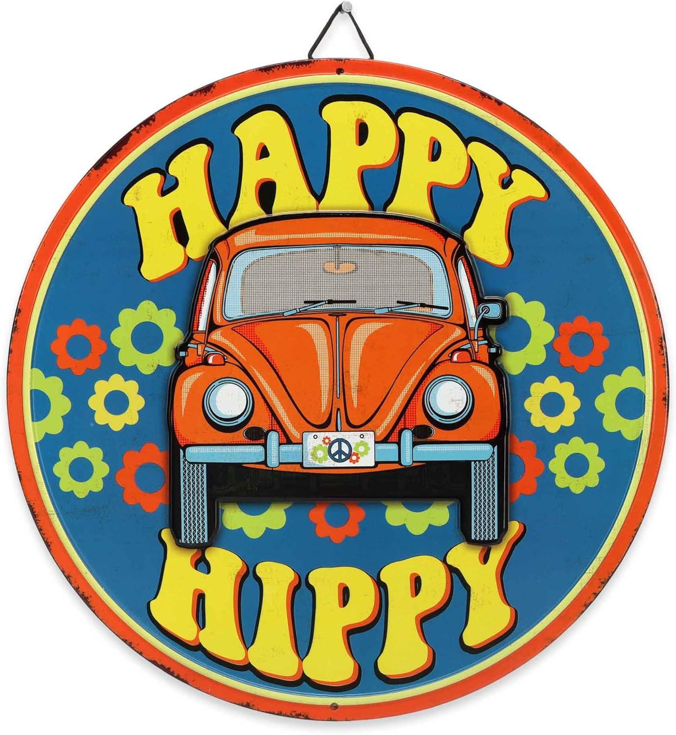 Volkswagen Happy Hippy Round Metal Sign - Fun VW Beetle Sign for Garage or Man Cave