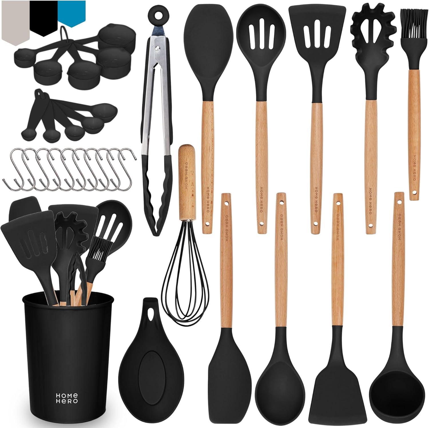 Home Hero - Kitchen Utensils Set - Cooking Utensils Set - Kitchen Gadgets & Kitchen Gifts - 33 Pieces, Silicone, Black