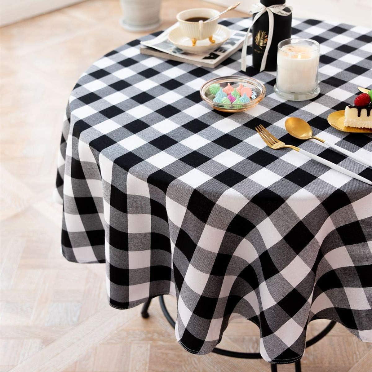 48-Inch Round Black and White Checkered Cotton Linen Tablecloth