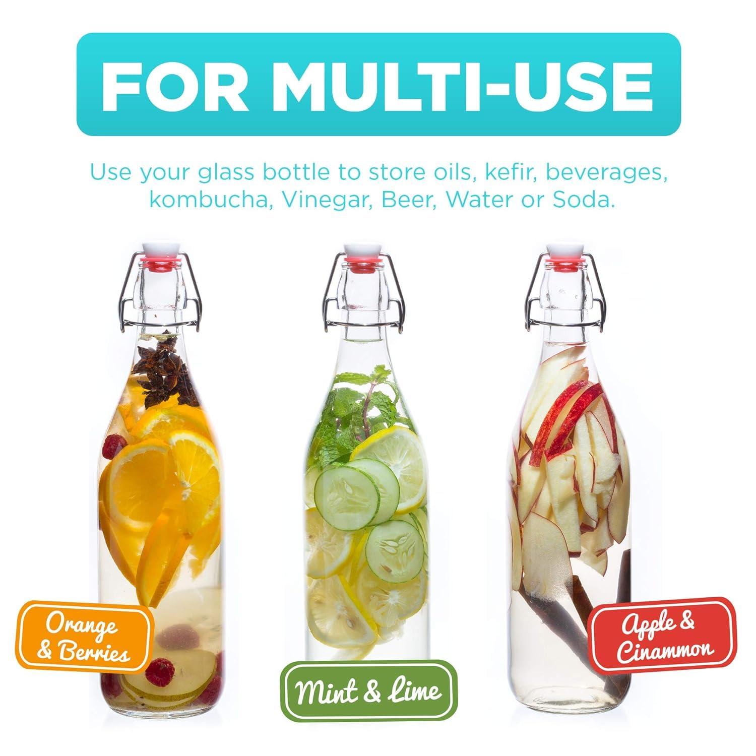 WILLDAN Swing Top Glass Bottles [1 Liter / 33 fl. oz.] [Pack of 6] Flip Top Brewing Bottle w/Leak Proof Stopper Lids for Fermentation, Kombucha, Mead, Vinegar, Beer, Kefir, Wine, Water, Soda