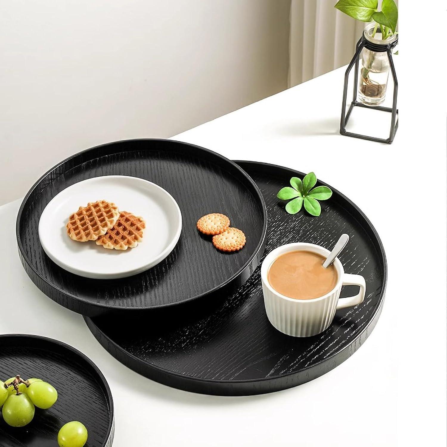 Tea Tray,Round Solid Wood Serving Tray Large Tea Coffee Snack Food Meals Serving Plate Non-Slip Kitchen Party Bar Server Breakfast Tray with Raised Edges [30cm]