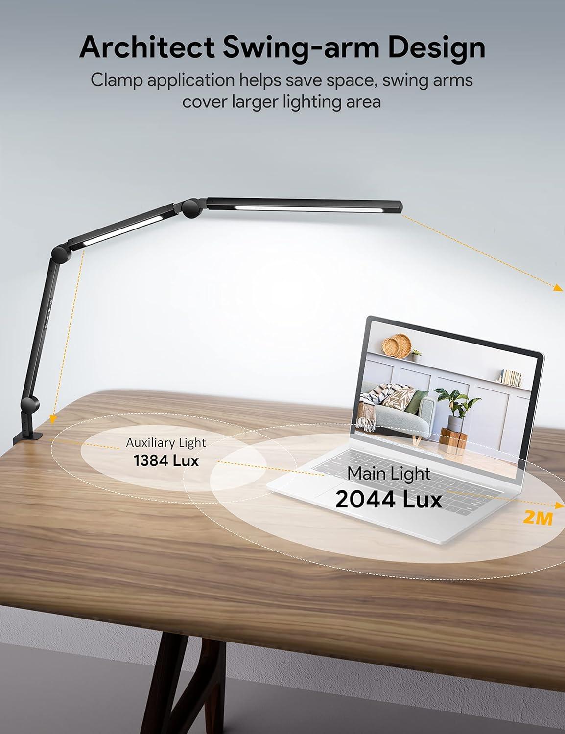 LED Desk Lamp with Clamp, Architect Desk Lamp with Dual Light and Adjustable Swing Arm, Clip-on Eye-Care 4 CCT Modes & 5 Brightness Levels Table Light Modern Desk Light for Home Office