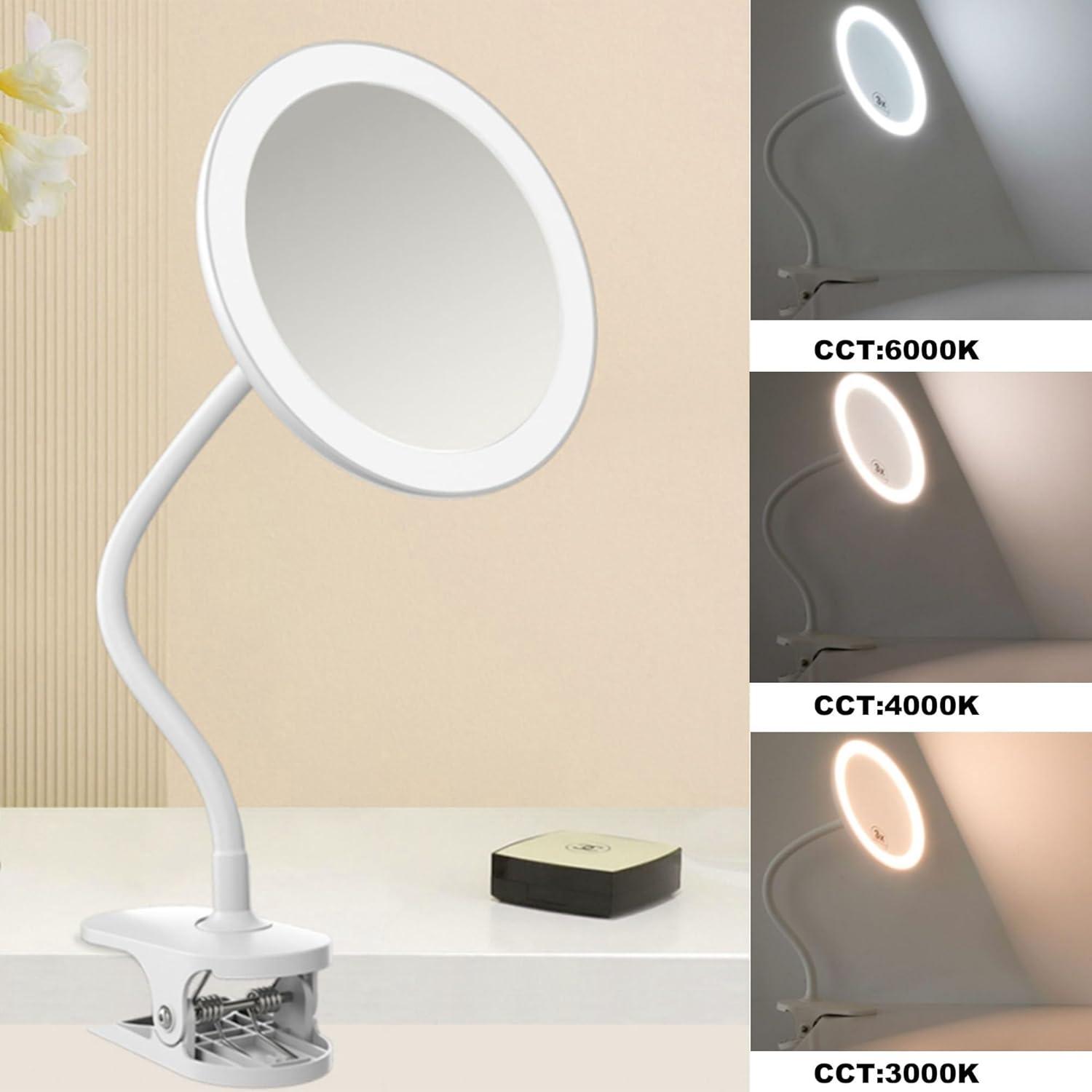 TUSHENGTU 6.5" White Swan-Neck Clamp Mirror , LED Vanity Mirror , USB Charging,360° Rotation