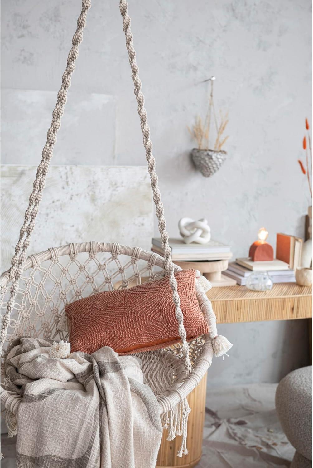 Bloomingville Cotton Lumbar Pillow with Embroidery and Tassels, Rust and Natural