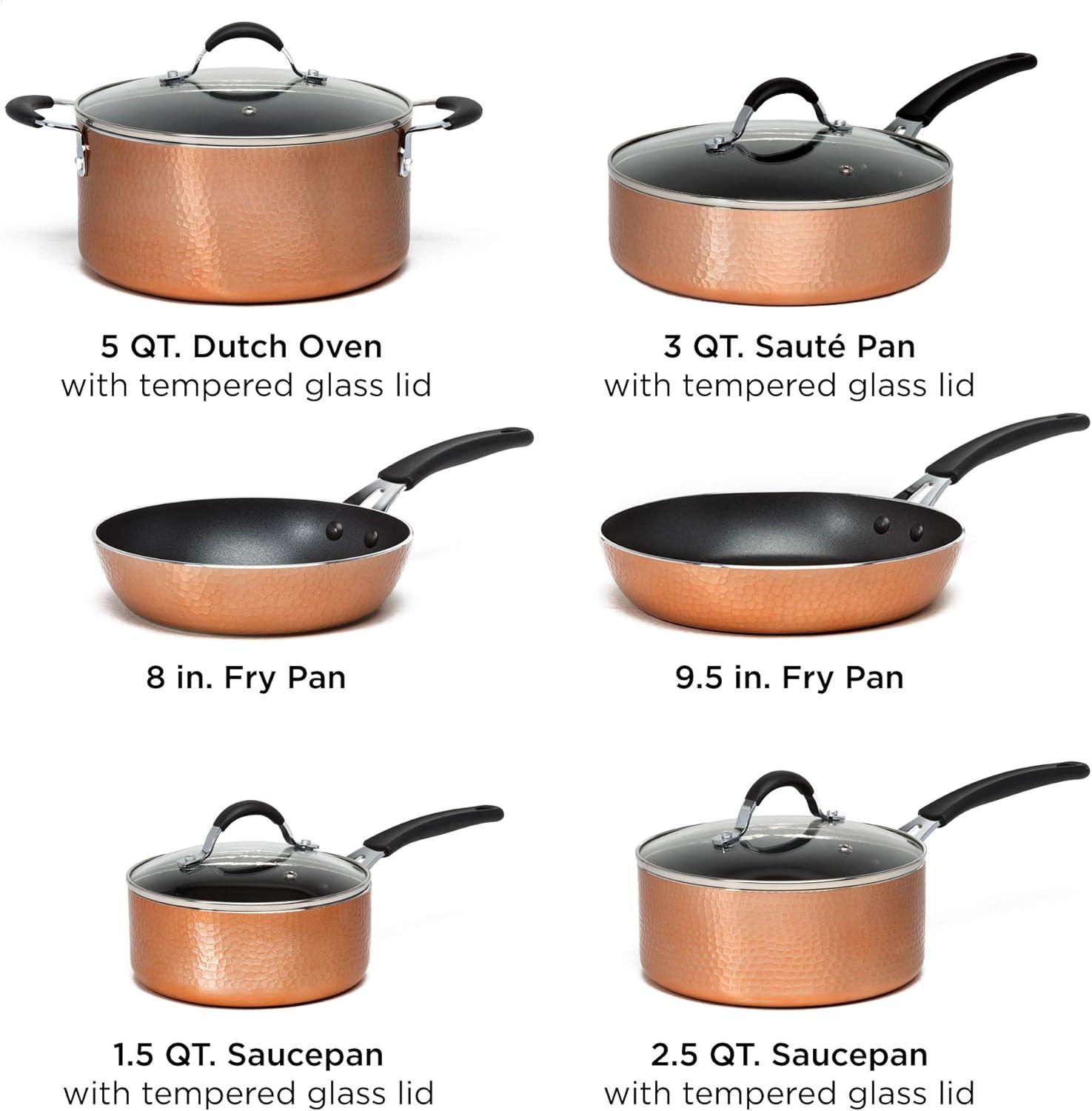 Hammered Copper 10-Piece Nonstick Cookware Set with Glass Lids