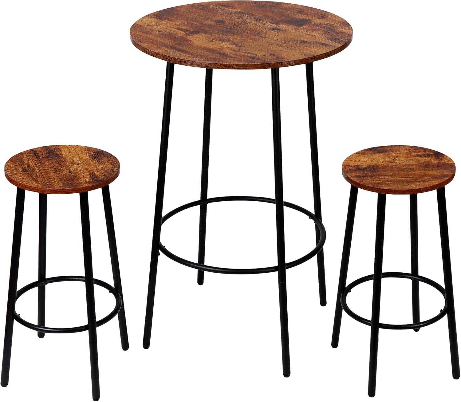 Rustic Brown 3-Piece Round Pub Table Set with Steel Legs