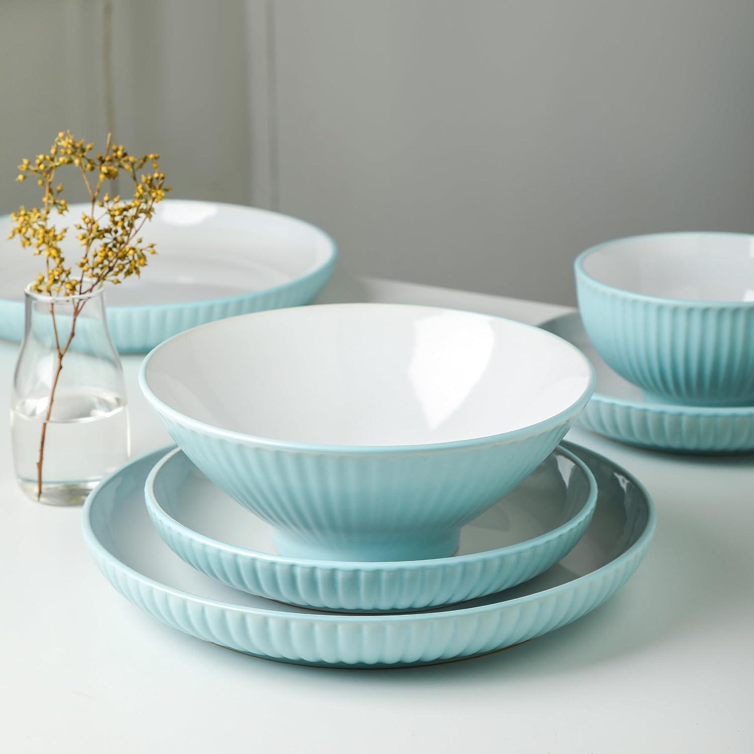 Teal Ceramic Ridged 16-Piece Dinnerware Set for 4