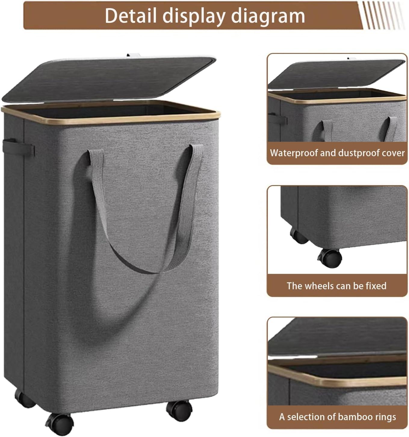 Efluky Laundry Basket with Lid and Removable Bag, 100L Tall Laundry Hamper with Bamboo Handles, Aesthetic Dirty Clothes Bin for Laundry Room, Bathroom, Bedroom and Dorm,Grey