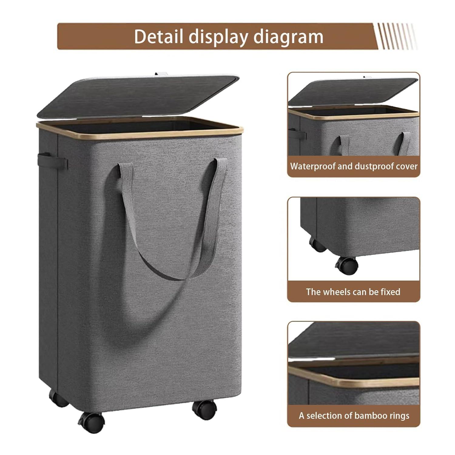 Efluky Laundry Basket with Lid and Removable Bag, 100L Tall Laundry Hamper with Bamboo Handles, Aesthetic Dirty Clothes Bin for Laundry Room, Bathroom, Bedroom and Dorm,Grey