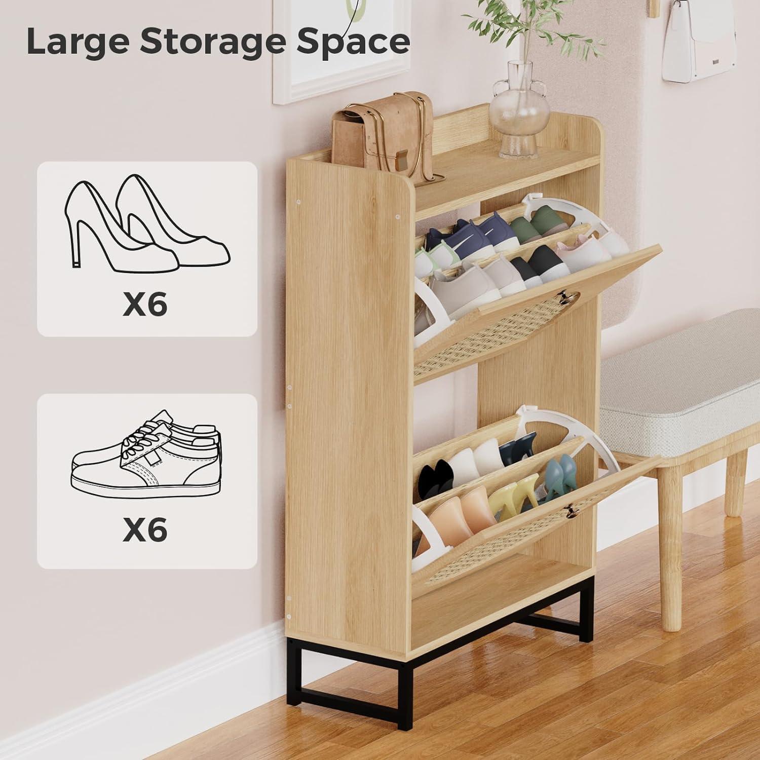 REHOOPEX Shoe Cabinet with 2 Natural Rattan Flip Drawers, Entryway Shoe Rack Storage Organizer