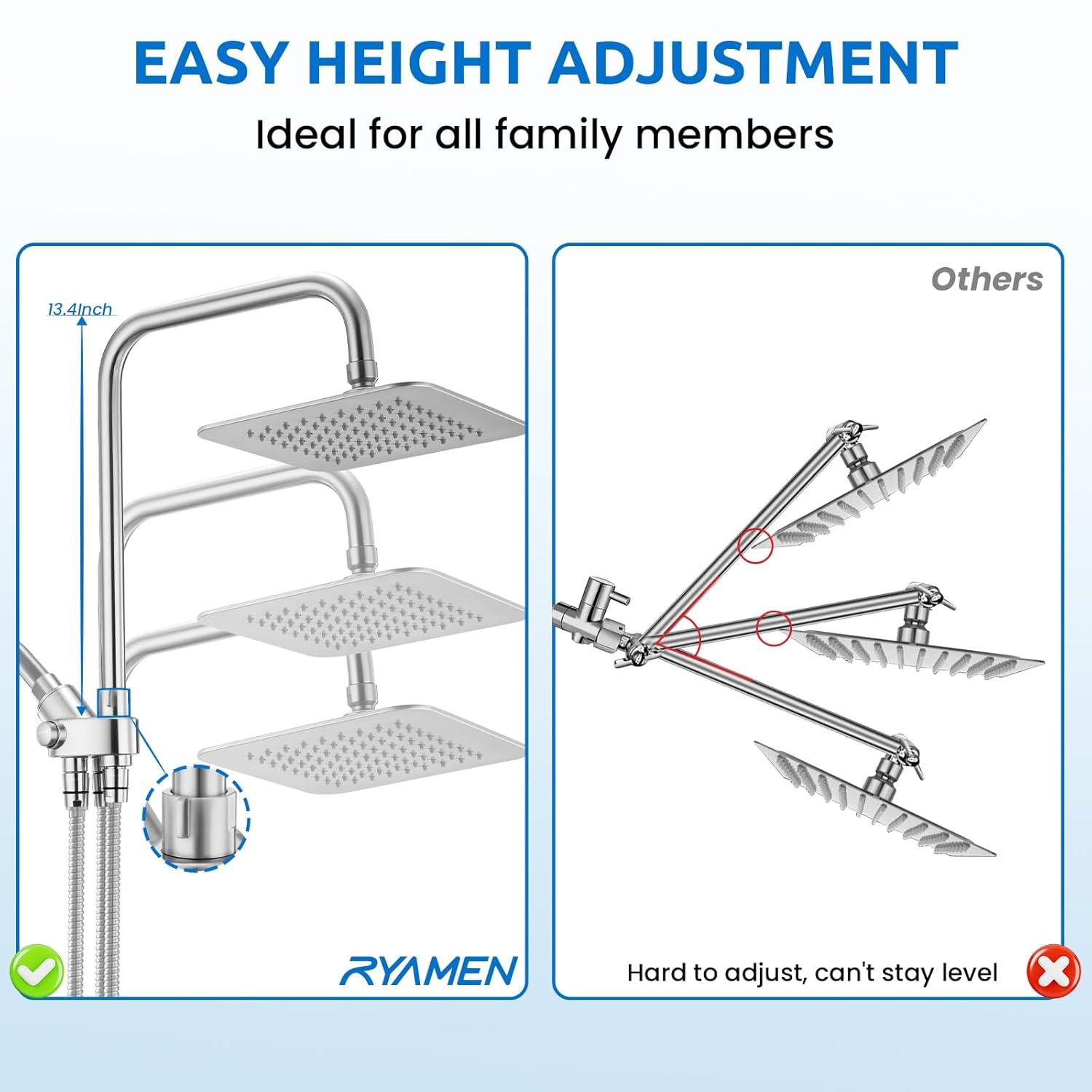 8" Dual Shower Head Combo, Rainfall Shower Head with Handheld, 6 Spray Settings Angle Adjustable Handheld Shower Head with Pause, Height Adjustable, Matte Black