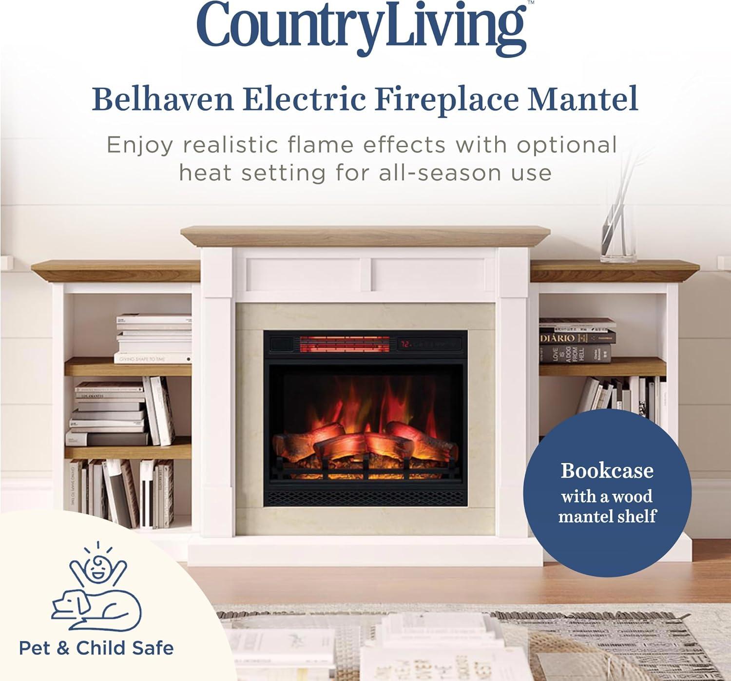 Country Living Belhaven 74 Inch Bookcase Mantel Package | 23 Inch Smart Electric Fireplace Insert Heater