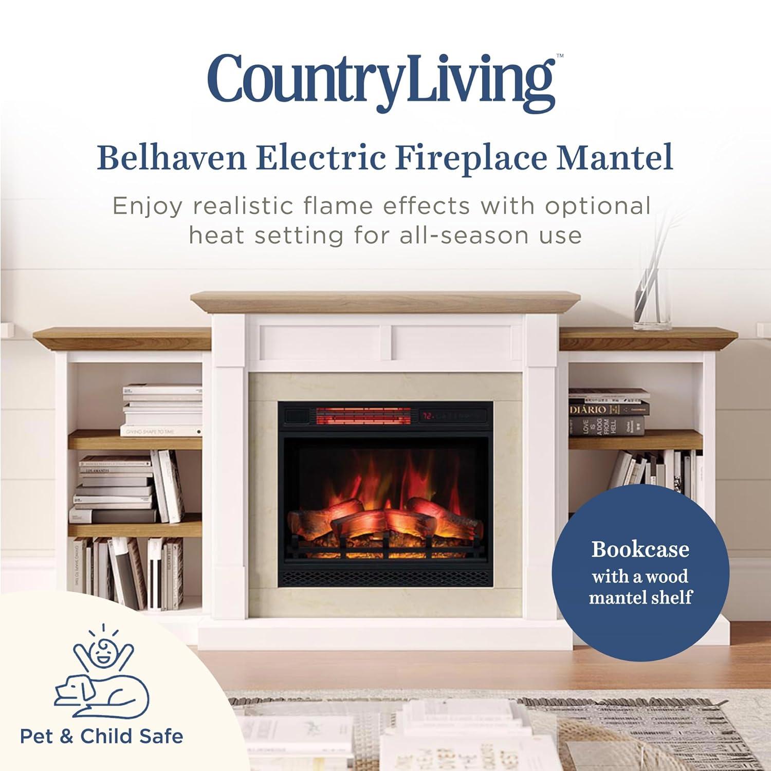 Country Living Belhaven 74 Inch Bookcase Mantel Package | 23 Inch Smart Electric Fireplace Insert Heater